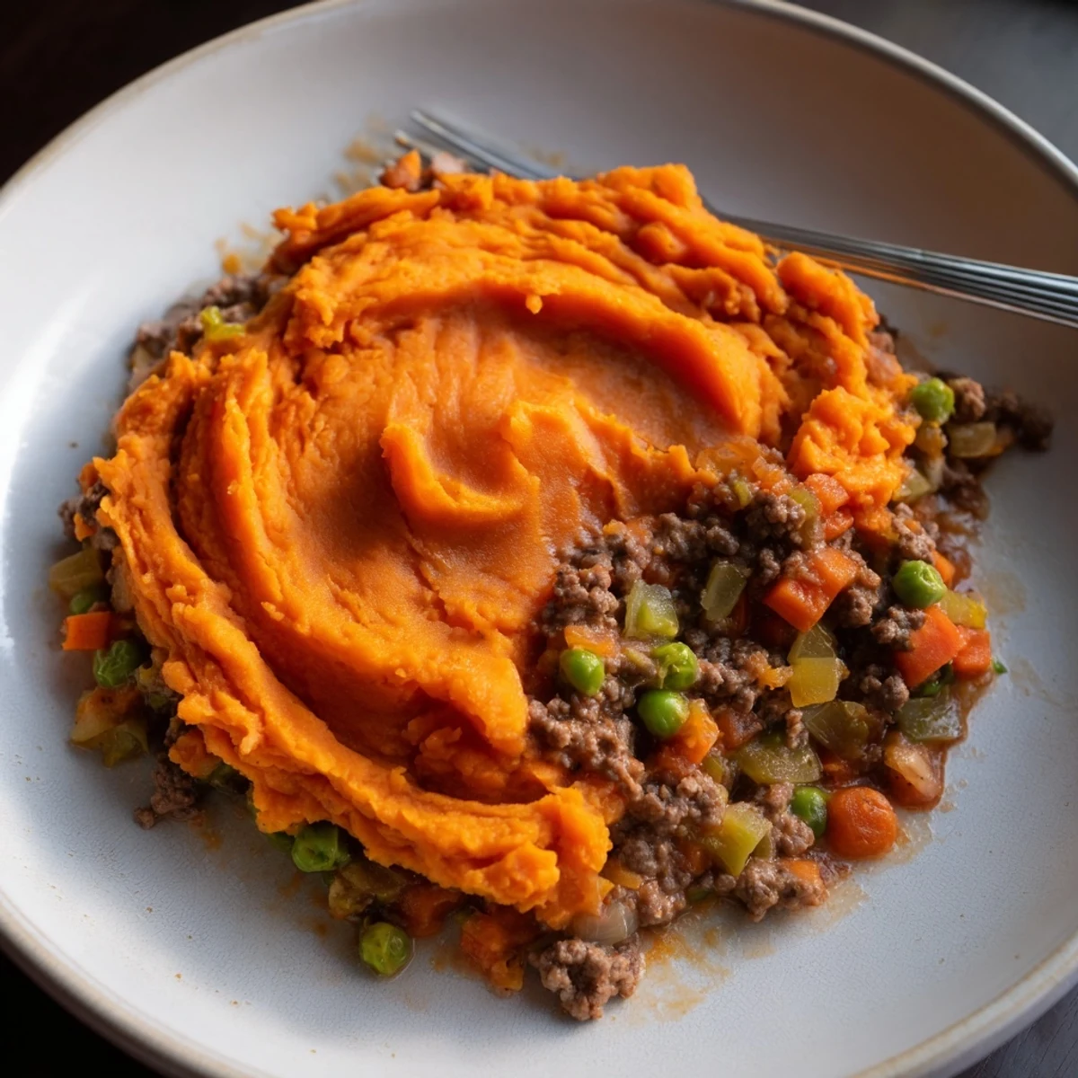 A close-up view of creamy sweet potato mash covering savory beef filling with peas and carrots peeking through.  