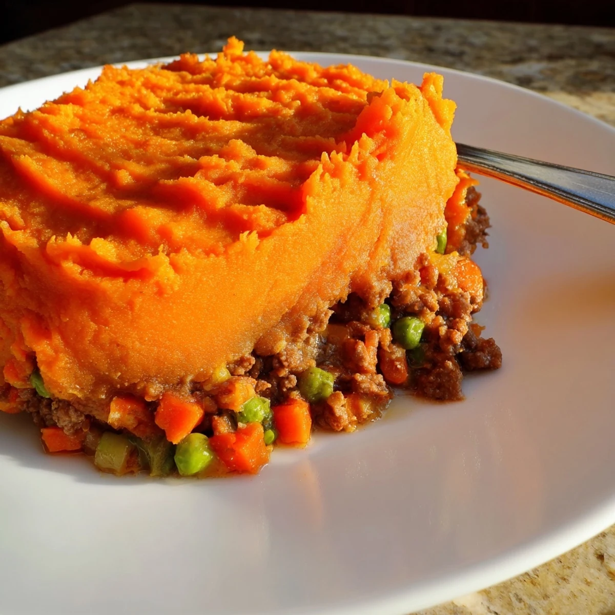Beef Shepherds Pie with Sweet Potato Topping served in a rustic dish with a side of steamed green beans.