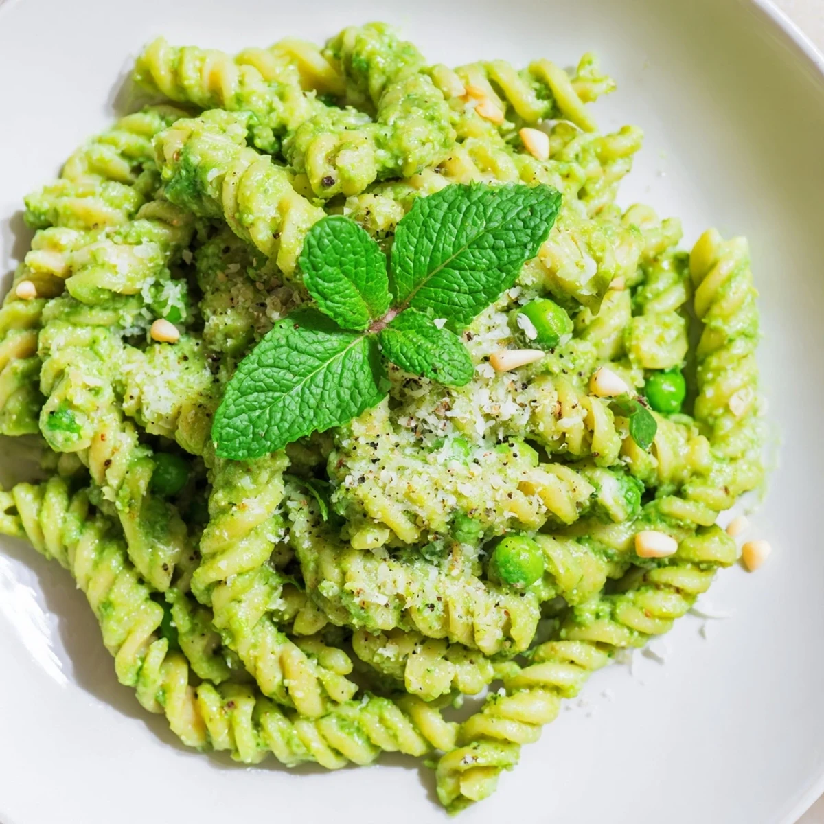 Bright green Spring Pea and Mint Pesto Pasta is tossed in a creamy herb sauce and garnished with grated Parmesan.
