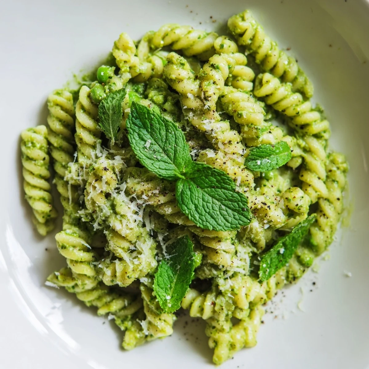 A close-up of Spring Pea and Mint Pesto Pasta shows al dente noodles coated in vibrant mint pesto, dotted with pine nuts.