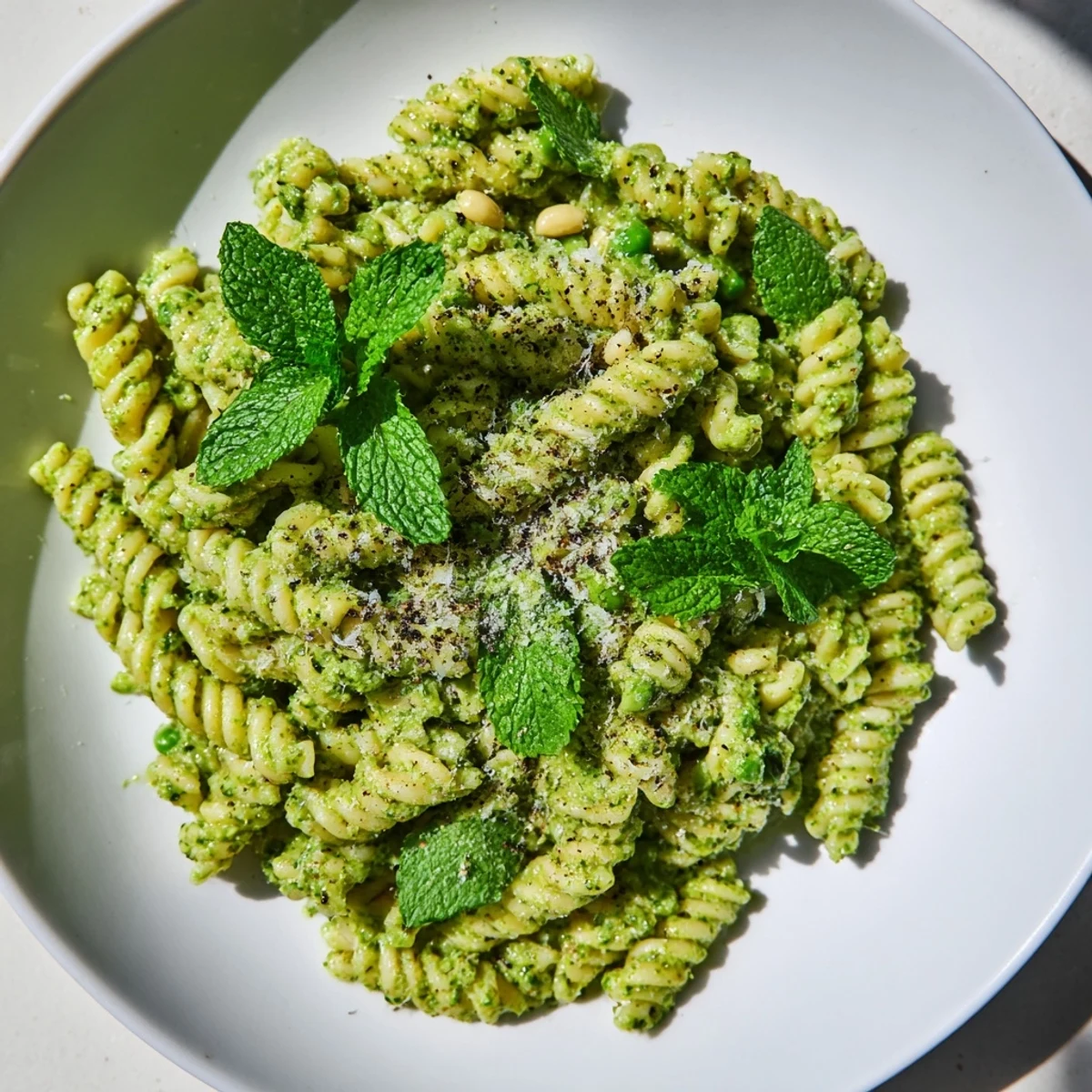 Overhead view of Spring Pea and Mint Pesto Pasta with lemon wedges and fresh mint leaves beside a white bowl.
