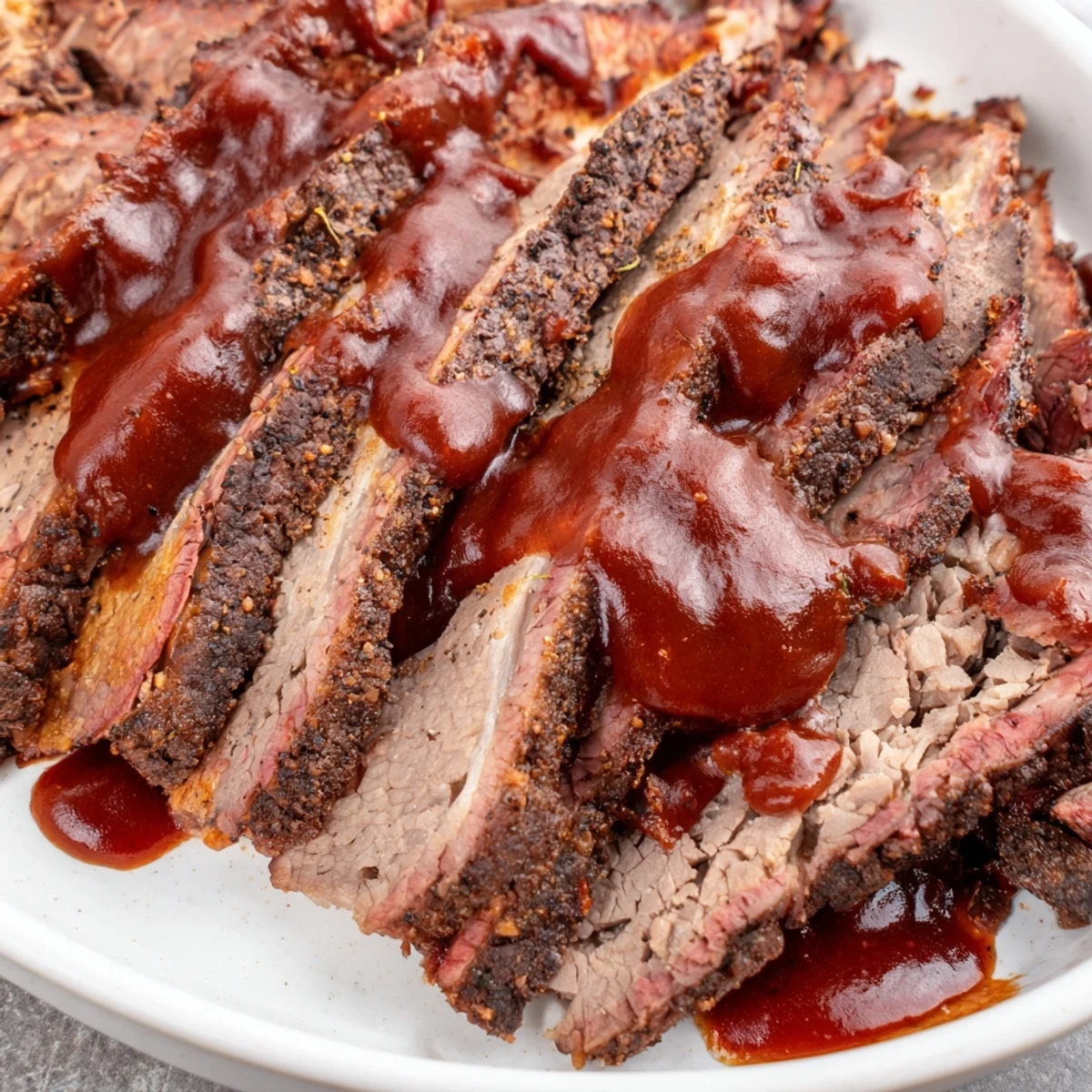 Fork-tender Slow Cooked Beef Brisket with BBQ Sauce, sliced thick on a wooden board with rich, glossy sauce drizzled over the top.
