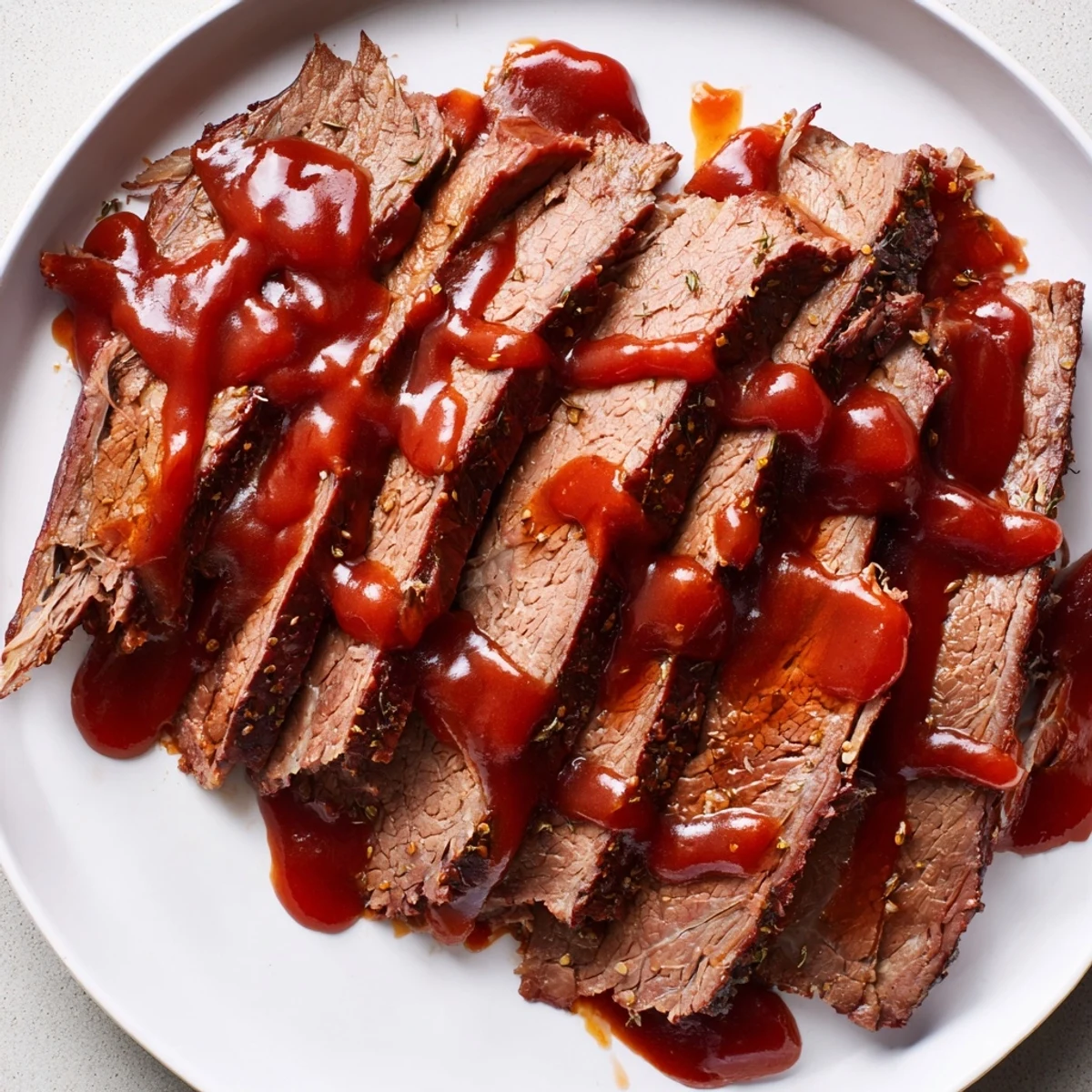 A juicy slice of Slow Cooked Beef Brisket with BBQ Sauce reveals a flavorful bark and moist interior on a bed of onions.