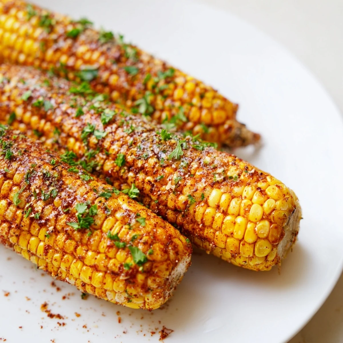 Roasted corn on the cob brushed with Cajun spices sits on a baking sheet, ready to be garnished with fresh parsley.