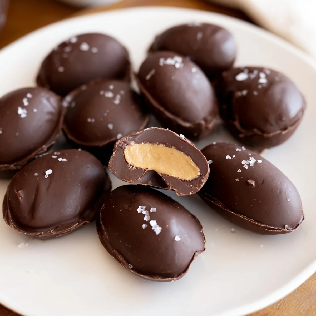 Twelve rich chocolate peanut butter eggs arranged on parchment, perfect for Easter or as a sweet dessert treat.  