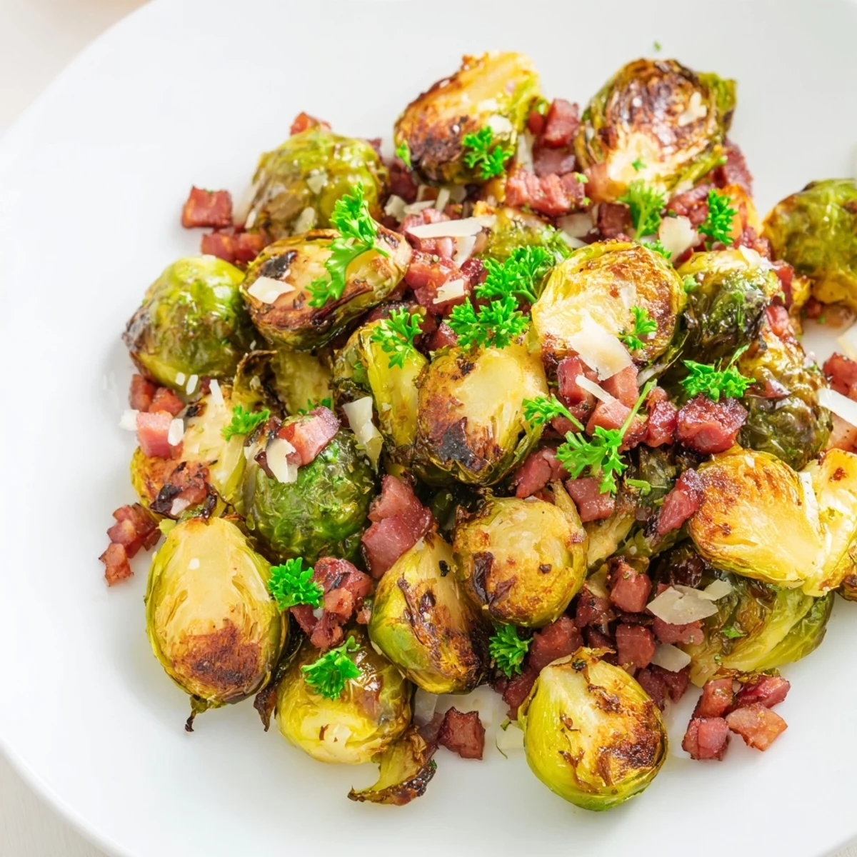 Golden roasted Brussels sprouts with crispy beef bacon, garnished with fresh parsley on a rustic serving platter.  
