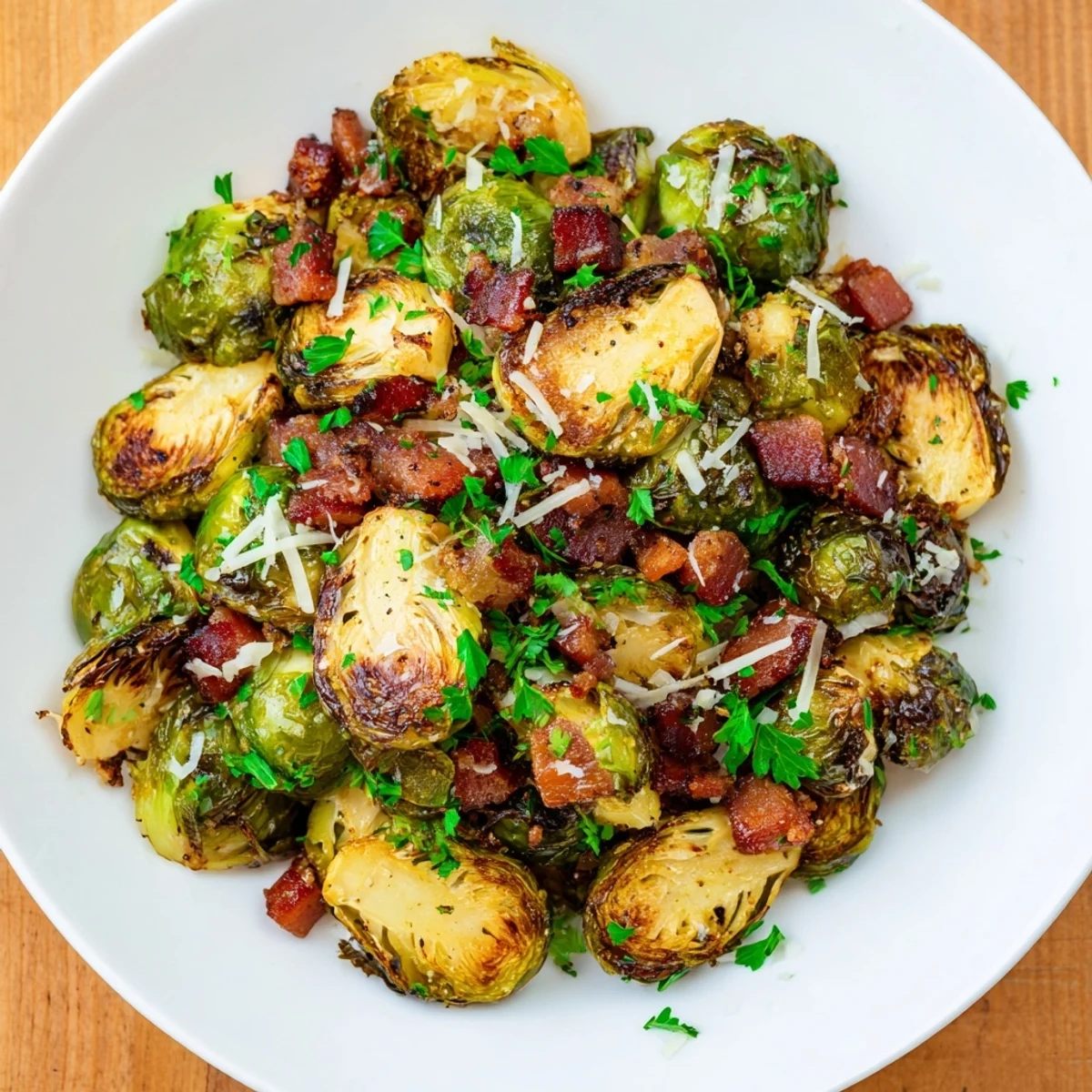 Savory Roasted Brussels Sprouts with Beef Bacon, served hot alongside a main course for a hearty side dish.  