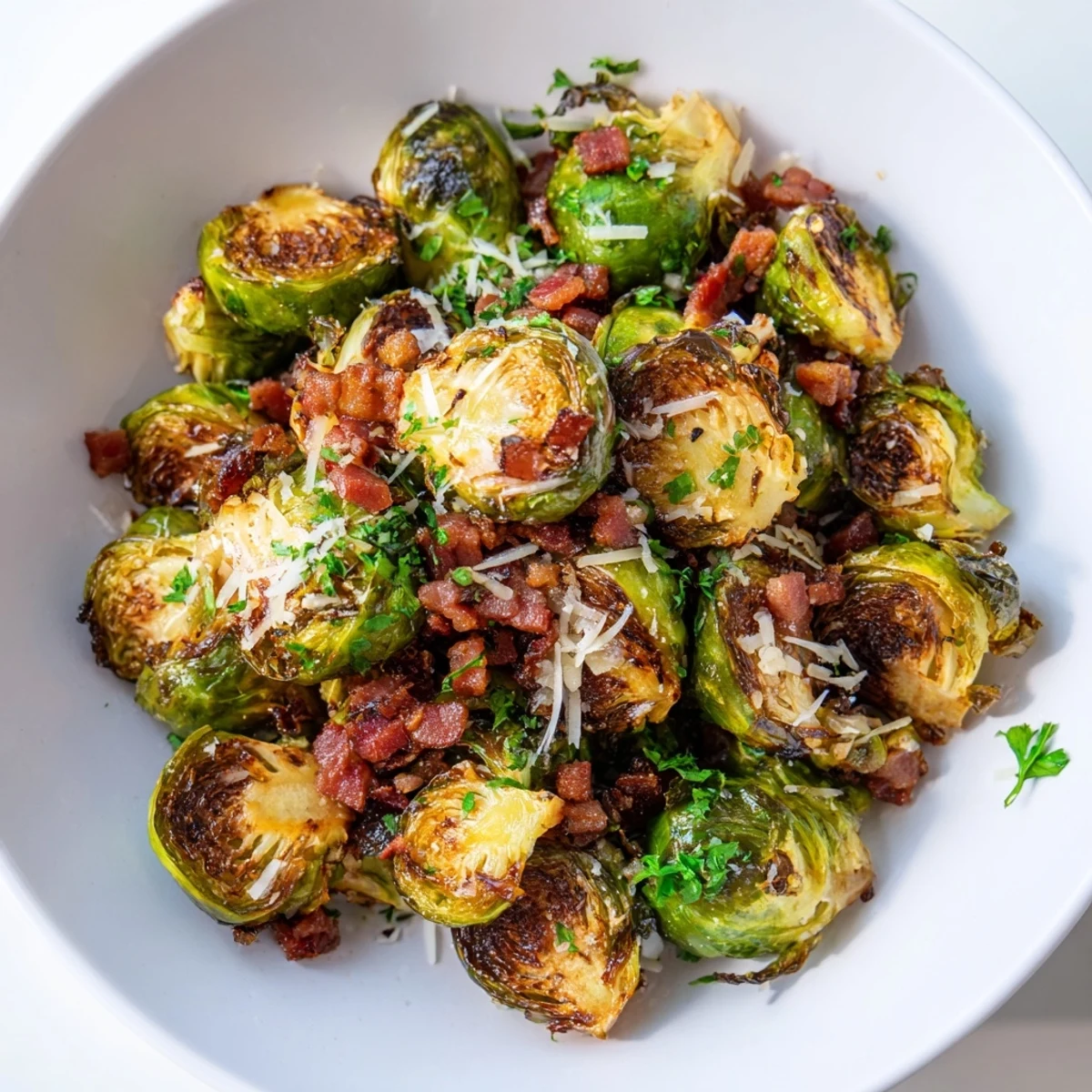 Close-up of crispy beef bacon and caramelized Brussels sprouts, highlighting the golden-brown texture and fresh parsley garnish.