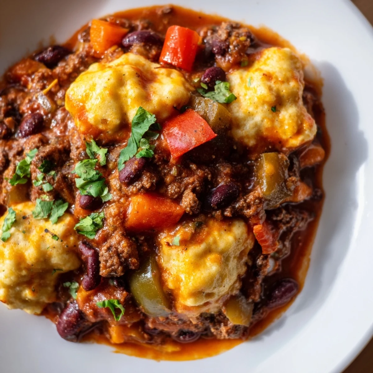 Golden-brown fluffy cornbread dumplings bake on top of a bubbling pot of hearty Beef Chili with Cornbread Dumplings, garnished with fresh cilantro.