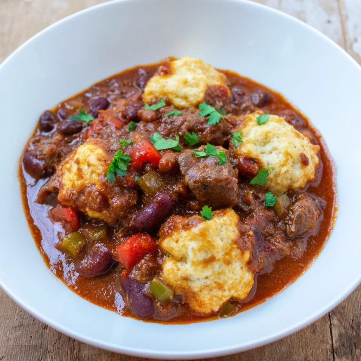 A steaming cast-iron pot reveals tender beef and beans beneath pillowy dumplings in this classic Beef Chili with Cornbread Dumplings recipe.