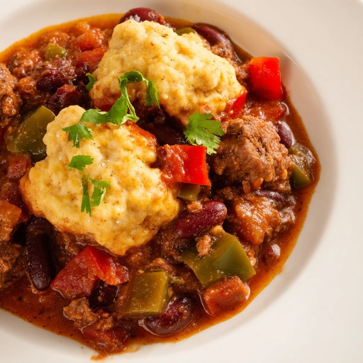 This comforting bowl of Beef Chili with Cornbread Dumplings features rich tomato broth, spicy spices, and golden cornbread toppers ready to serve.