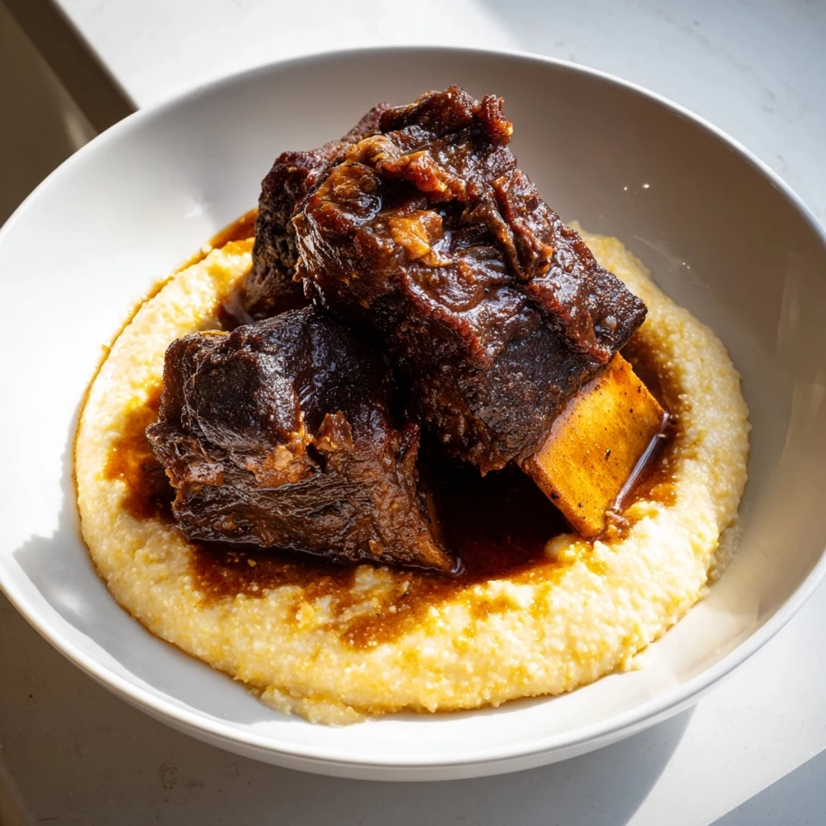 A close-up of Creamy Polenta with Braised Beef Short Ribs, featuring tender shredded meat on rich, cheesy polenta garnished with fresh thyme.