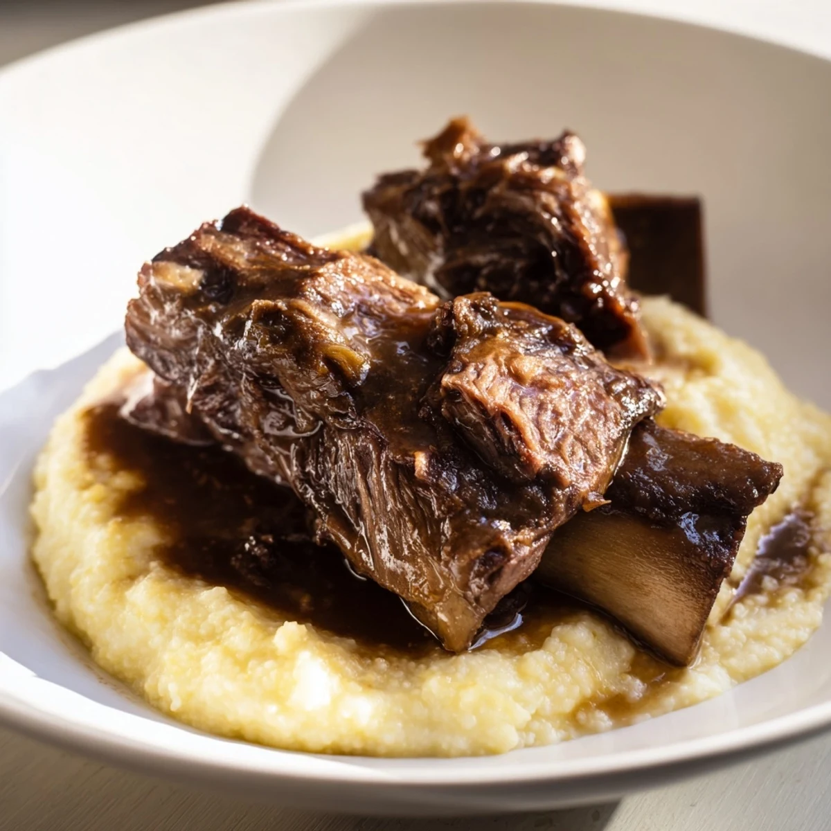 Overhead shot of Creamy Polenta with Braised Beef Short Ribs plated with a glass of red wine for a cozy dinner pairing.