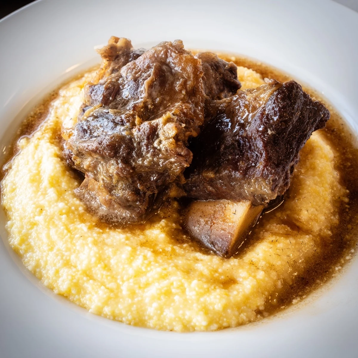 Close-up view of Creamy Polenta with Braised Beef Short Ribs, showing fall-off-the-bone beef atop a steaming, velvety bed of polenta.
