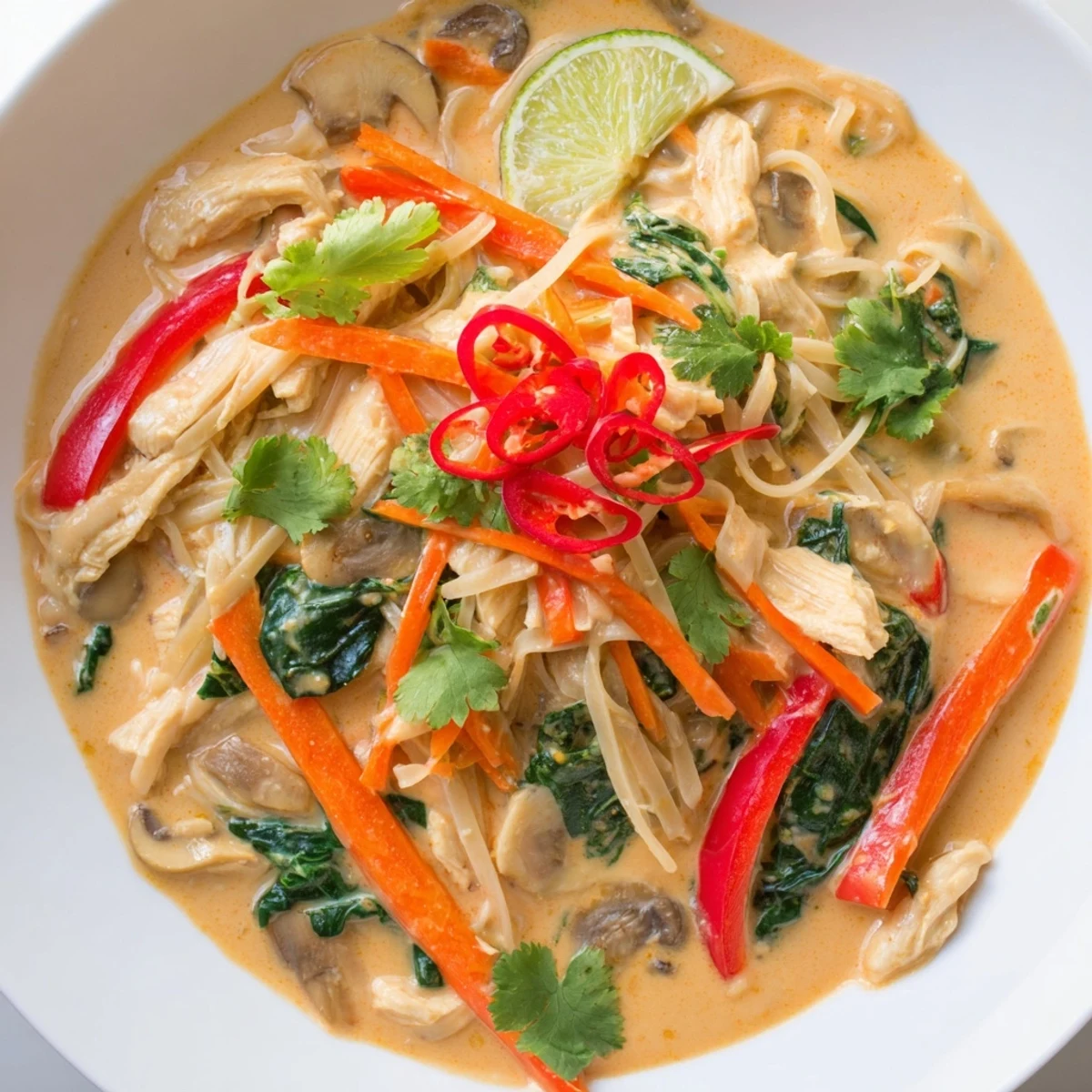 Steaming bowl of Thai Red Curry Noodle Soup with Chicken, featuring tender chicken and colorful vegetables in a creamy broth.