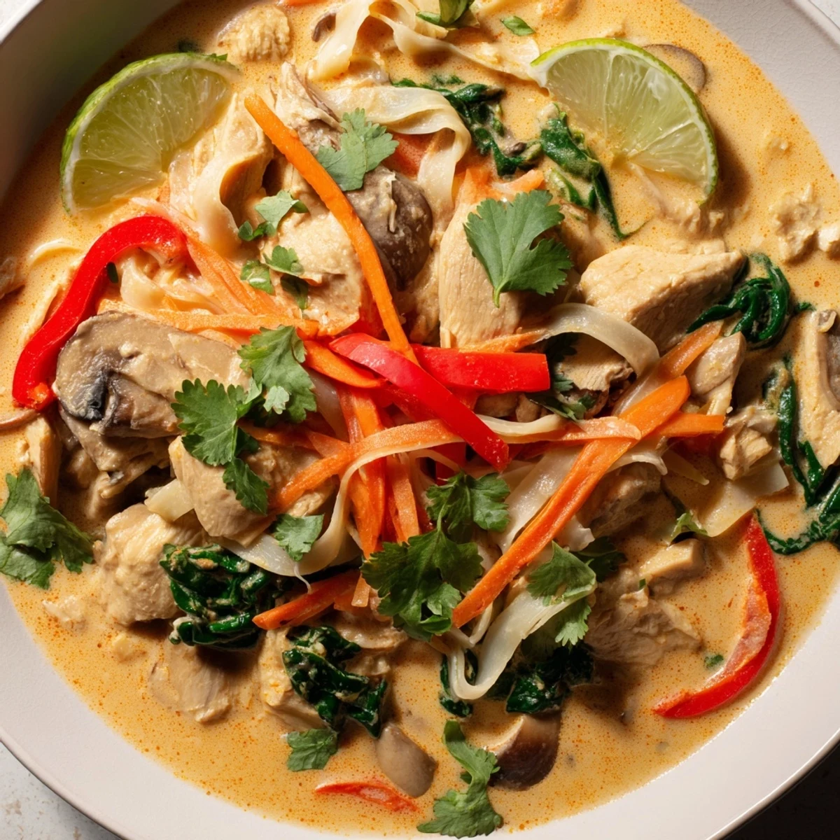 A close-up of Thai Red Curry Noodle Soup with Chicken, highlighting silky rice noodles and fresh veggies in rich coconut broth.