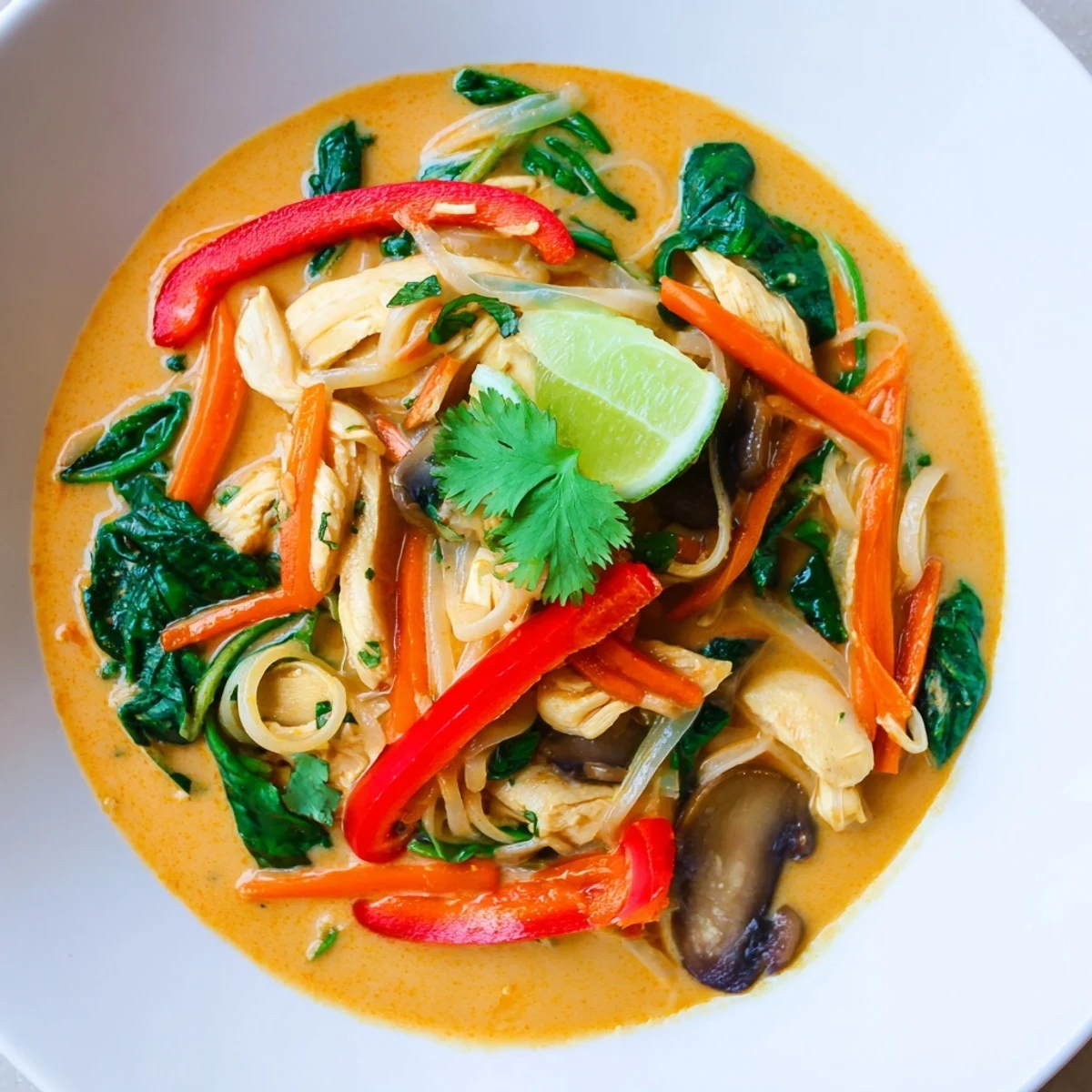 Vibrant Thai Red Curry Noodle Soup with Chicken served in a white bowl, garnished with fresh cilantro and lime wedges.