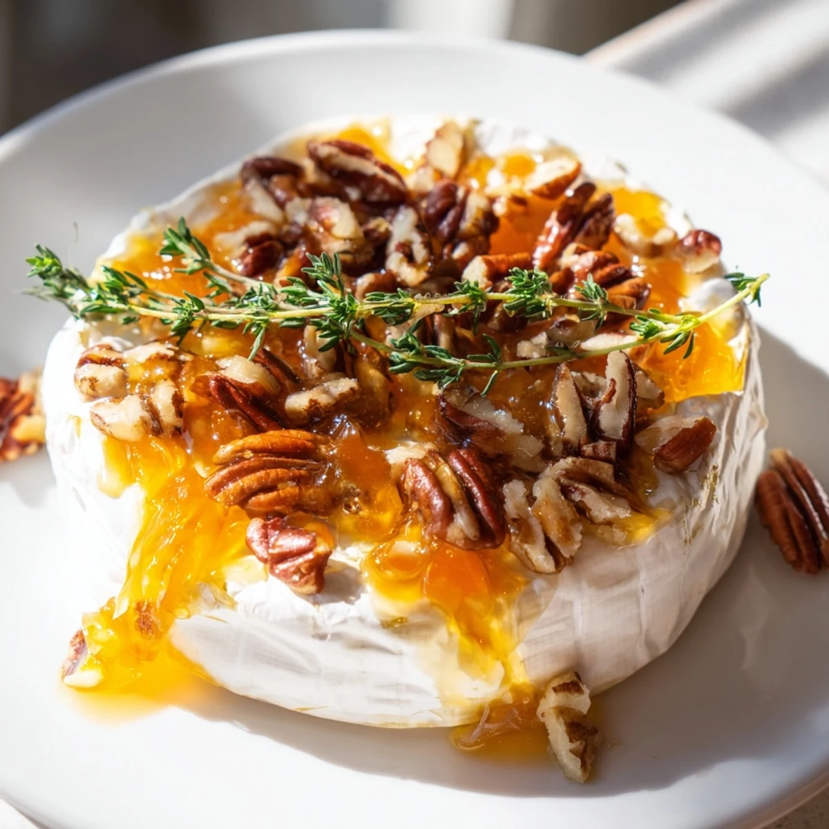 Golden Baked Brie with Apricot Preserves and Pecans melting warmly, served on a wooden board with crackers and fresh thyme.