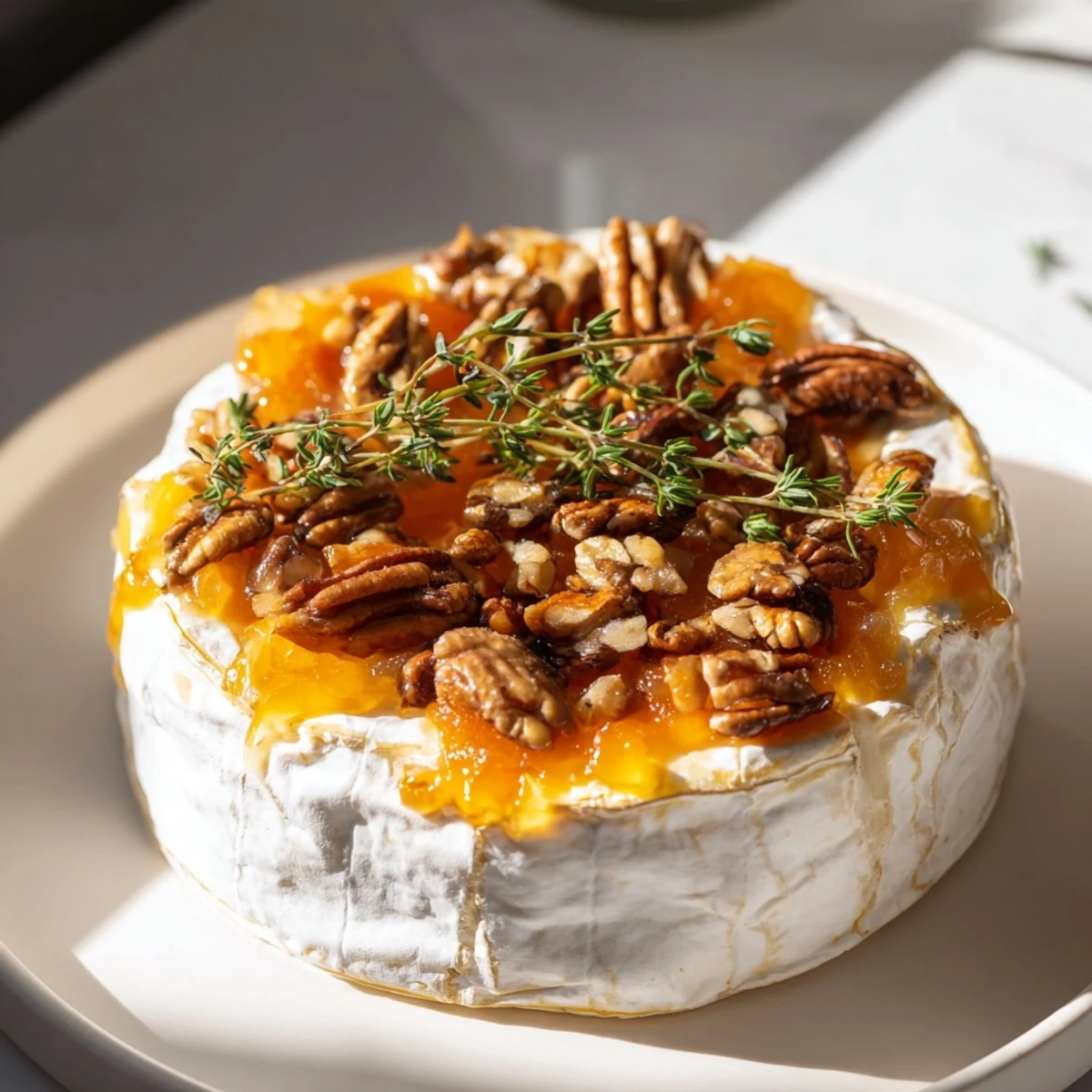 A close-up of Baked Brie with Apricot Preserves and Pecans bubbling, topped with crunchy toasted nuts and sweet jam.