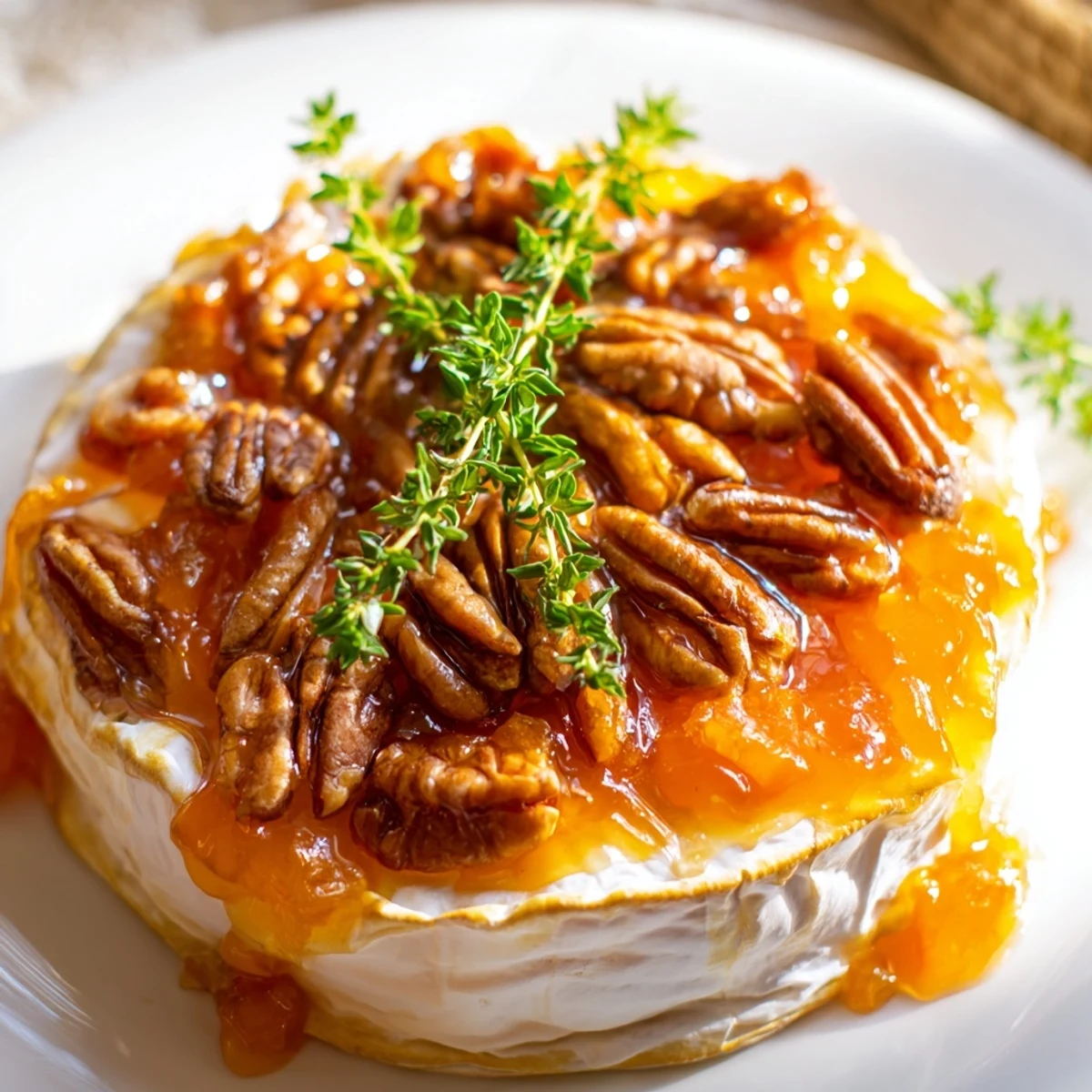 Wheel of Baked Brie with Apricot Preserves and Pecans on a rustic platter, garnished with thyme and ready to serve.