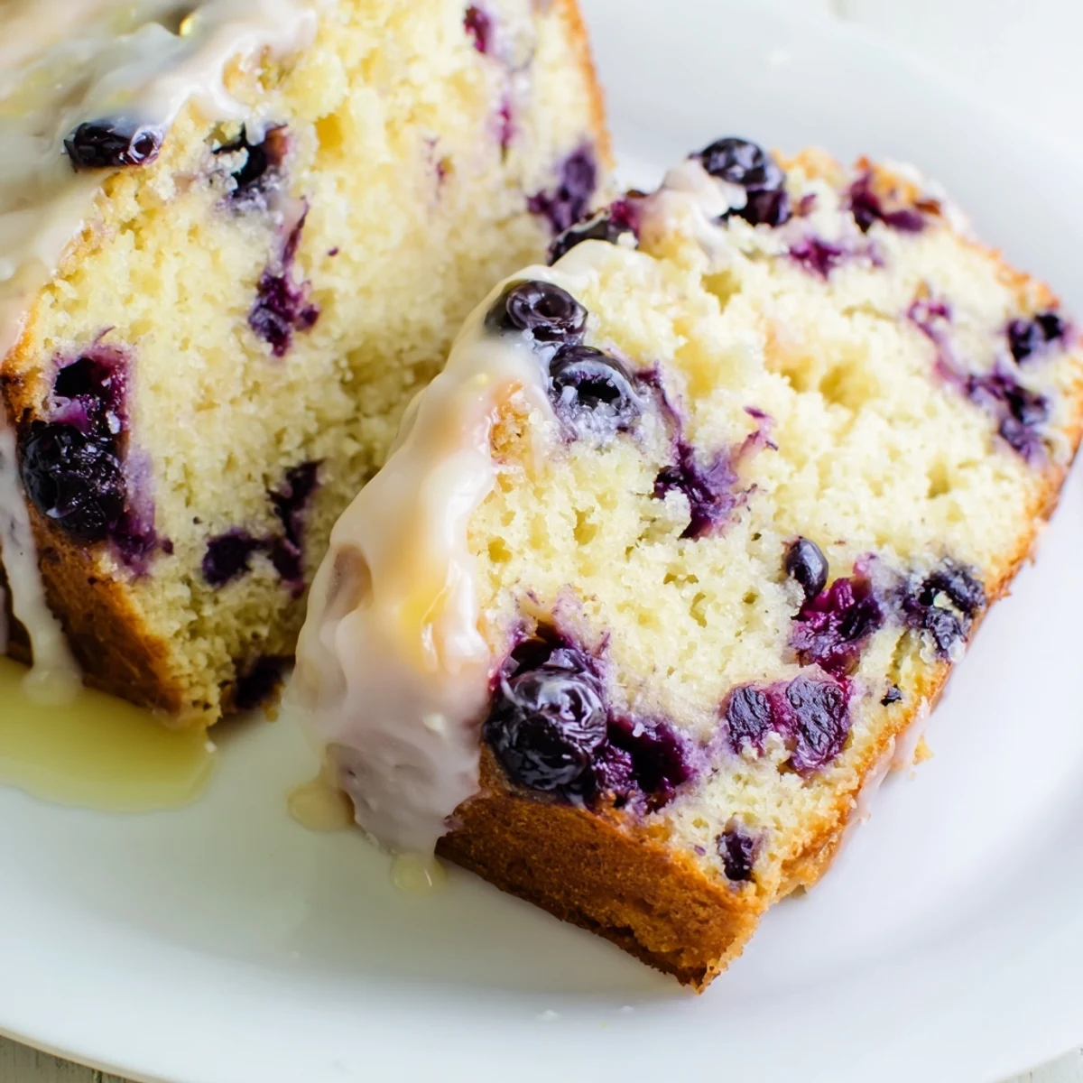 Slice of moist Lemon Blueberry Yogurt Loaf Cake showing blueberries and zest near a ceramic teacup.