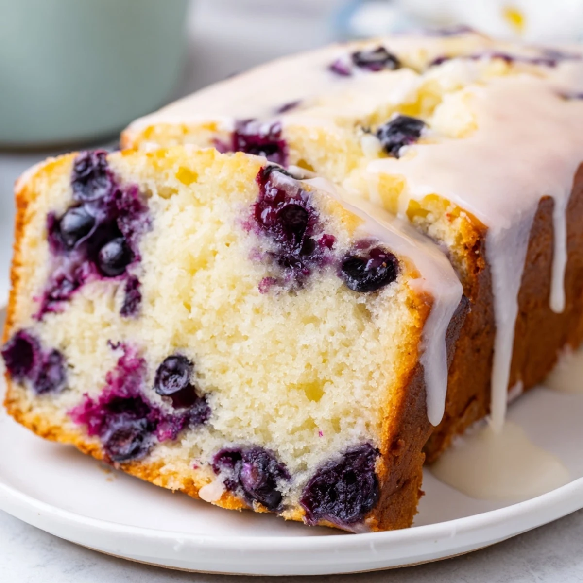 A freshly glazed Lemon Blueberry Yogurt Loaf Cake with bright lemon drizzle on a marble countertop.