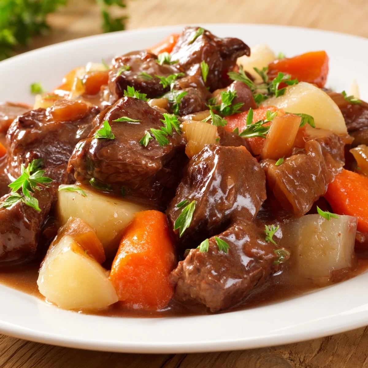 Hearty Irish Beef Stew with Rich Gravy served beside crusty bread on a wooden table, with steam rising from the deep, savory broth.