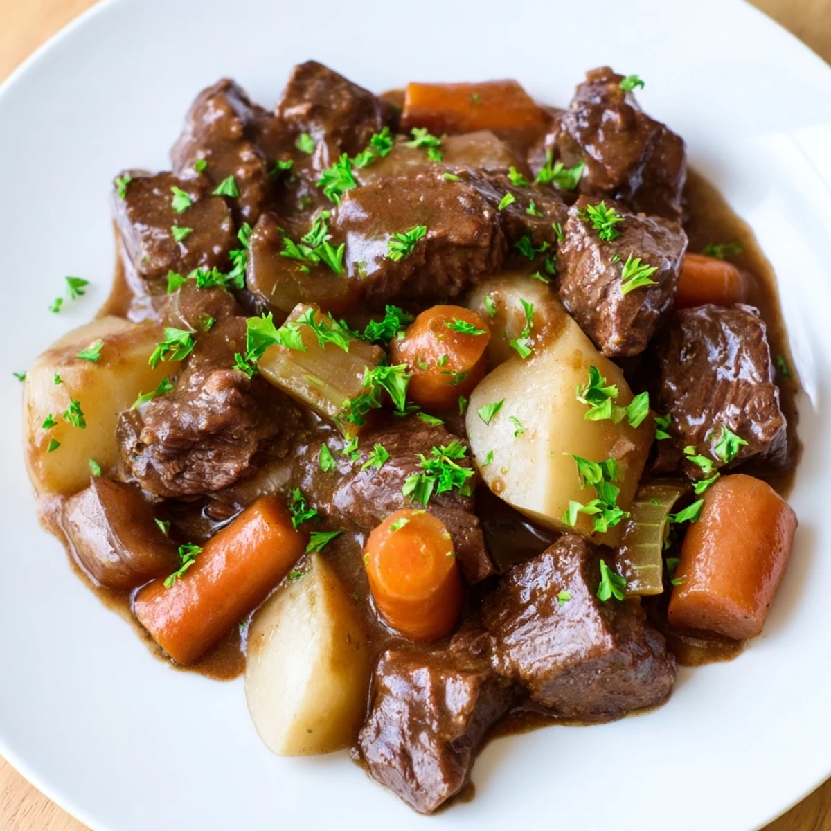 A ladle lifts rich, glossy gravy over Irish Beef Stew with tender beef and root vegetables, garnished with fresh parsley.