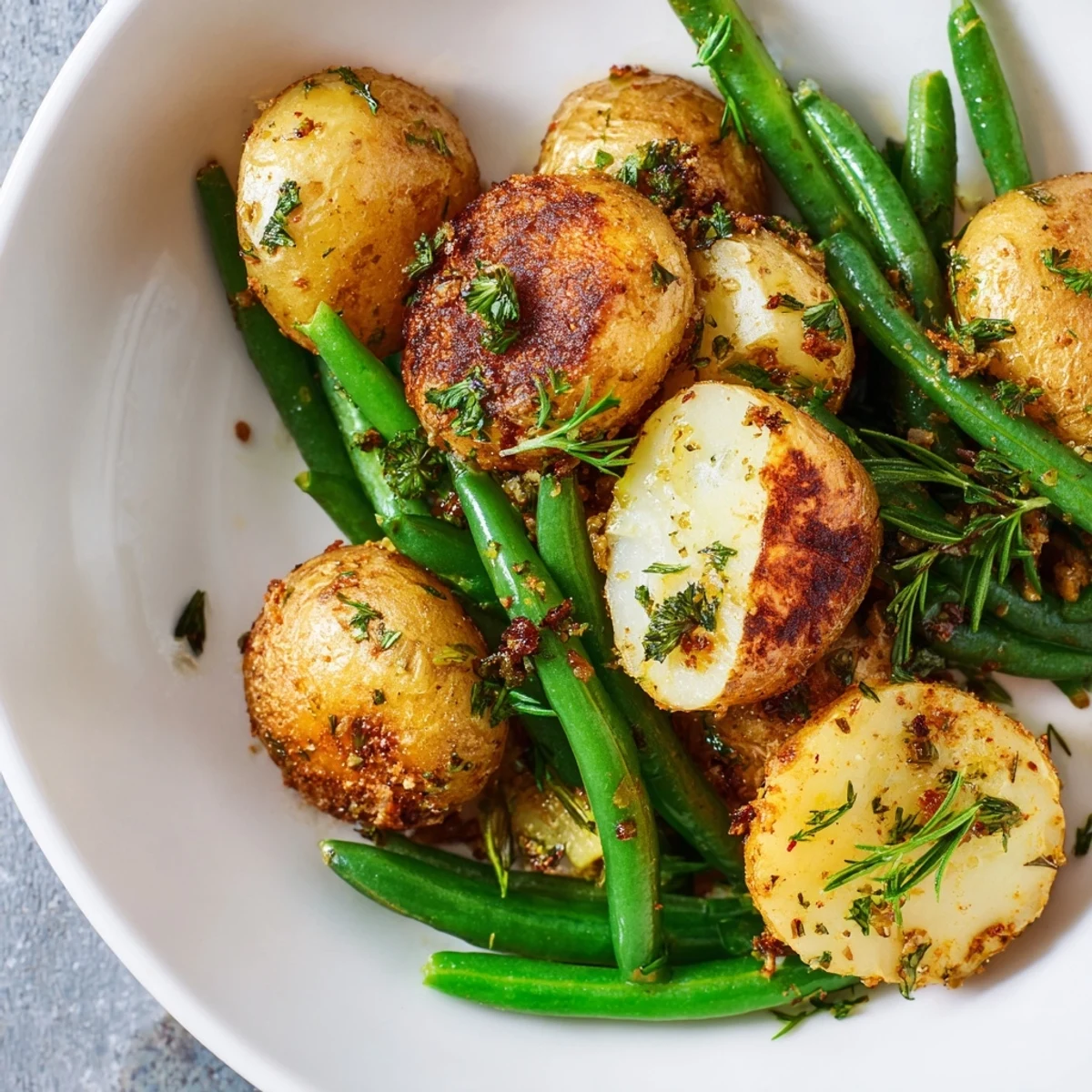 Golden-brown Garlic Herb Roasted Potatoes and Green Beans with fresh parsley on a rustic plate, ready to serve.