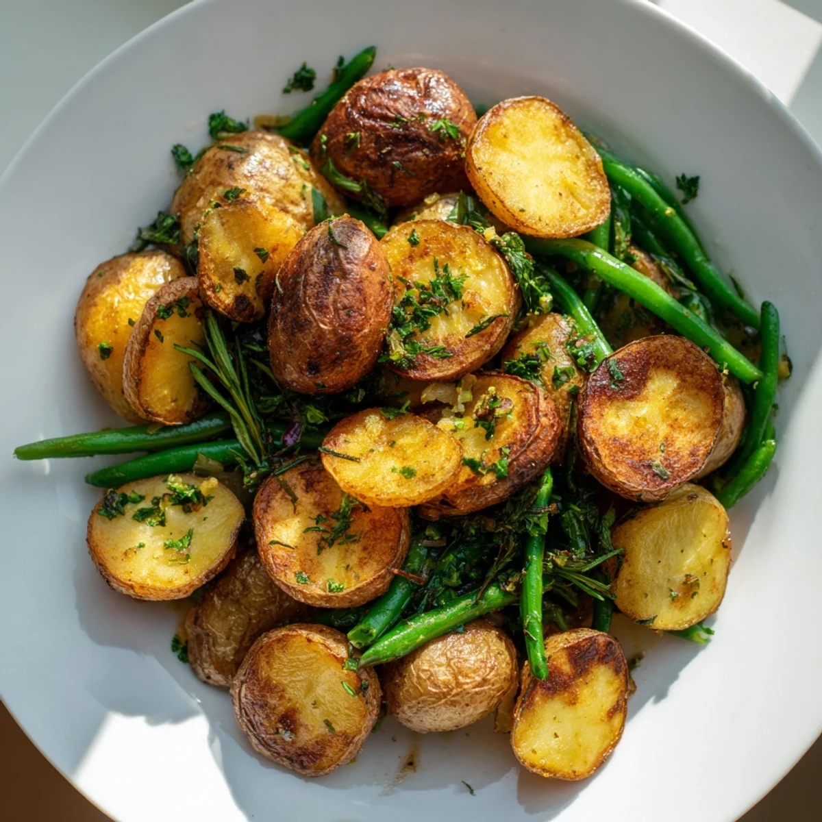 A close-up of crispy Garlic Herb Roasted Potatoes and green beans tossed in olive oil and herbs.