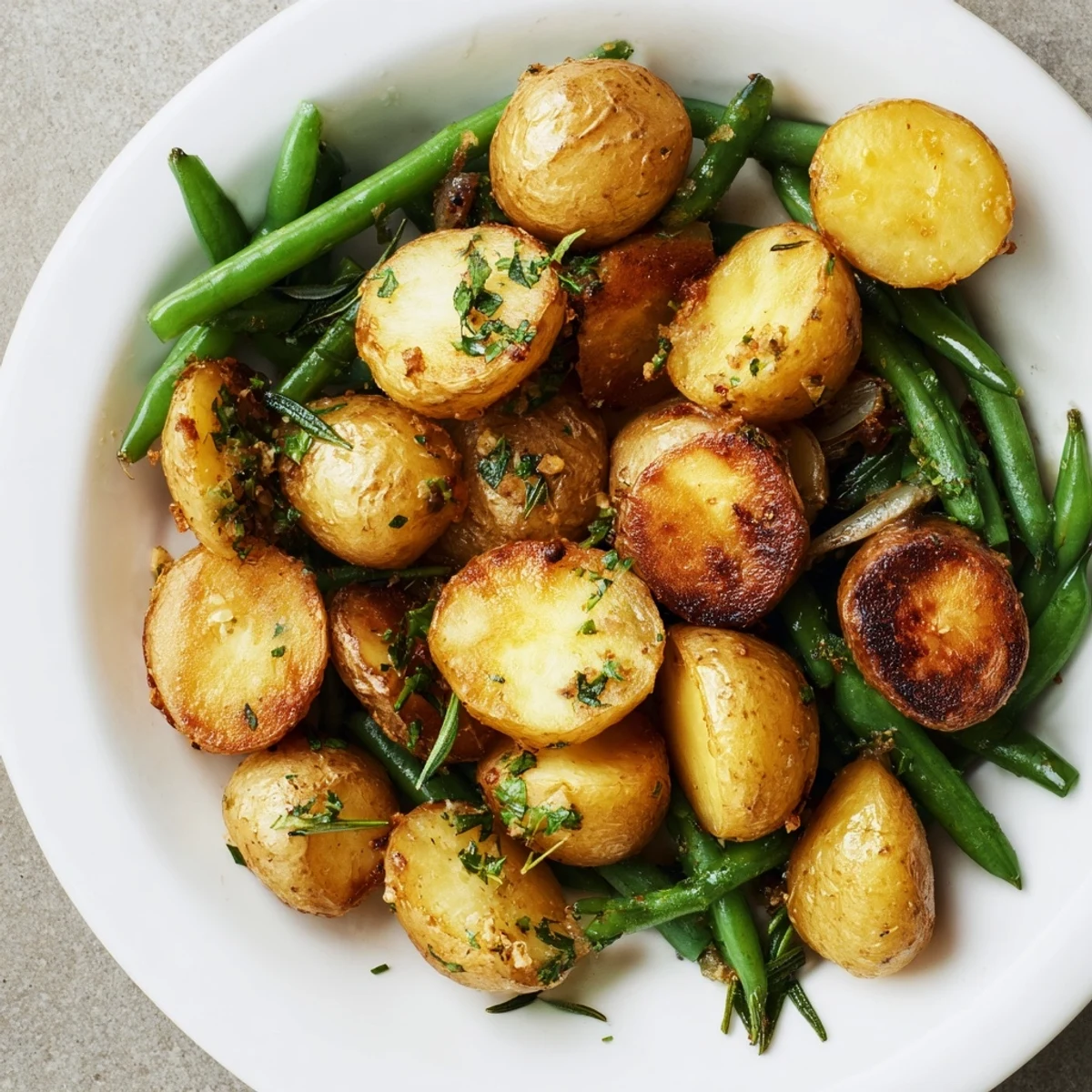 Garlic Herb Roasted Potatoes and Green Beans arranged on a baking sheet with roasted edges and tender beans.