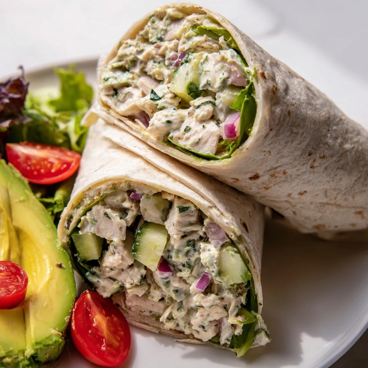 Four vibrant wraps sit beside sliced avocado and halved cherry tomatoes on a bright white plate.