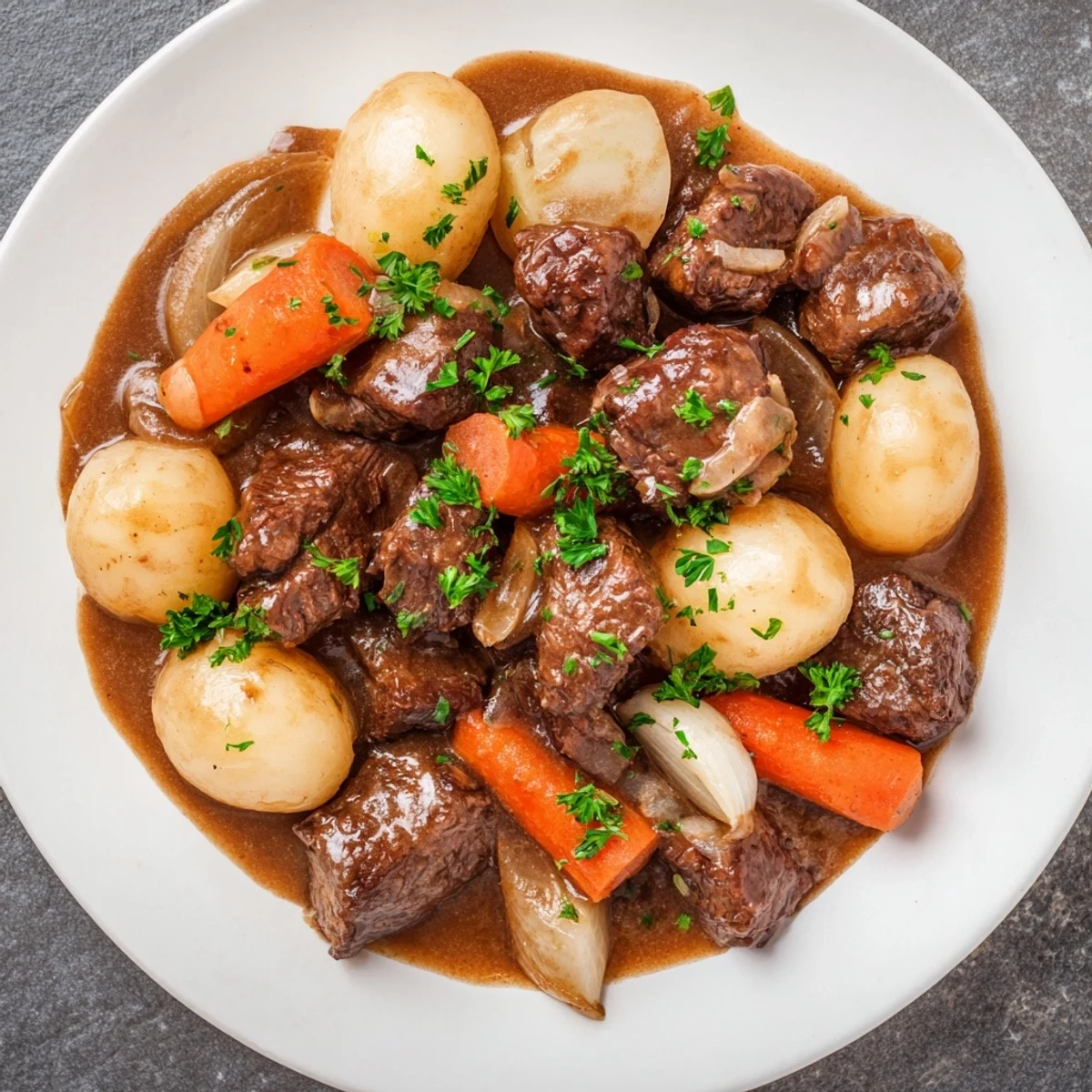 Close-up of Irish Beef Stew with Rich Brown Gravy garnished with fresh parsley, served alongside crusty bread for a hearty American dinner.