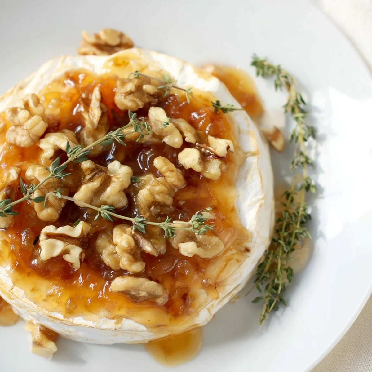 Fresh thyme garnishes a golden wheel of Baked Brie with Apricot Preserves and Walnuts served warm with baguette.