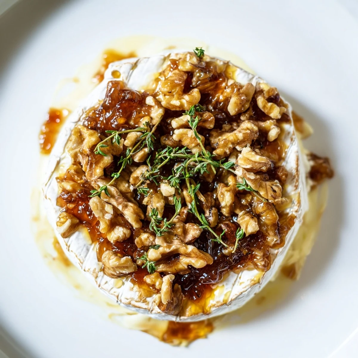 A close-up of Baked Brie with Apricot Preserves and Walnuts bubbling on a wooden board with crackers.