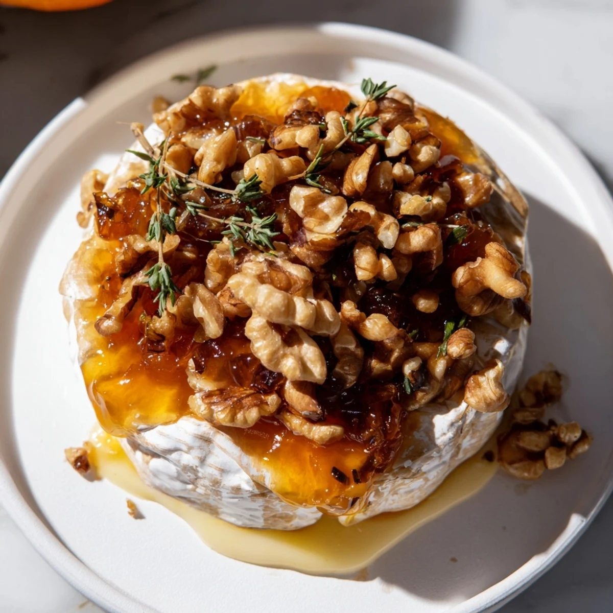 This appetizer features Baked Brie with Apricot Preserves and Walnuts, melty cheese paired with sweet jam and crunchy nuts.