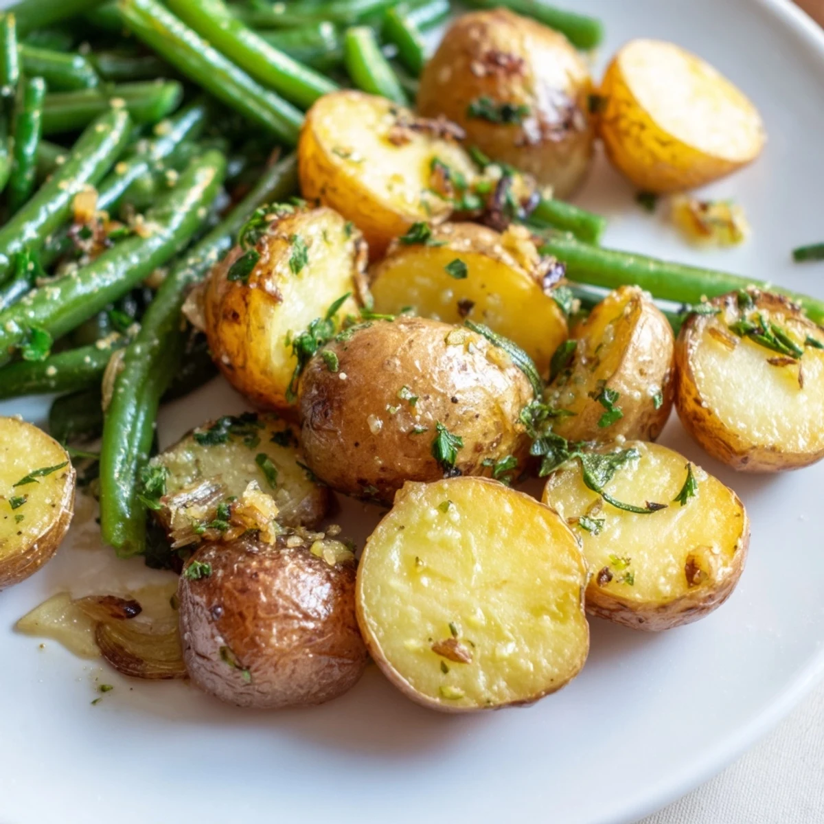 Tender roasted potatoes and green beans tossed with garlic and herbs on a baking sheet for the Garlic Herb Roasted Potatoes and Green Beans.