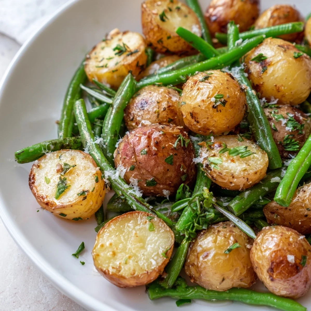 Golden Garlic Herb Roasted Potatoes and Green Beans served hot with fresh parsley and optional Parmesan on a rustic plate.