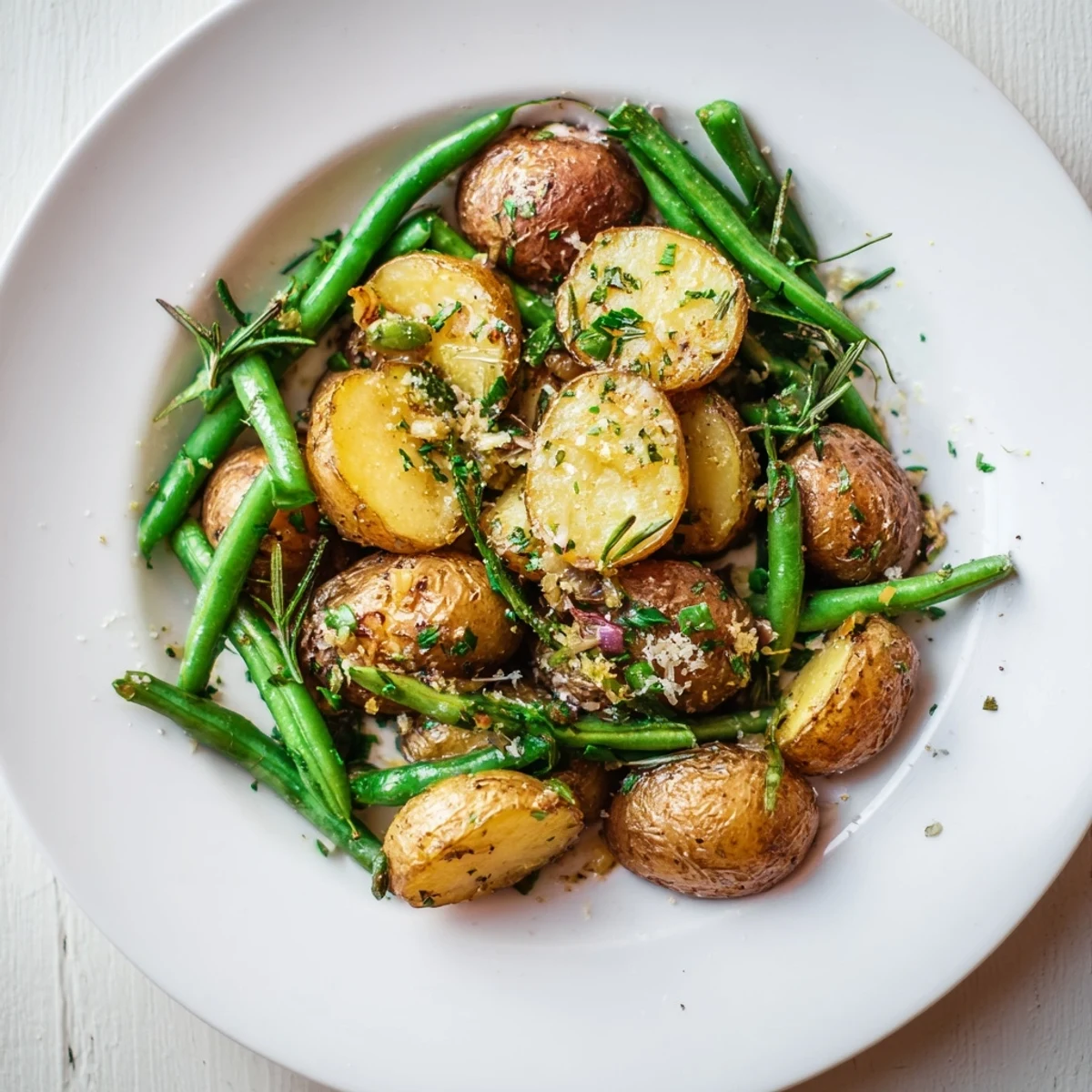 Savory Garlic Herb Roasted Potatoes and Green Beans with crispy edges, paired alongside roasted chicken for a complete American dinner.