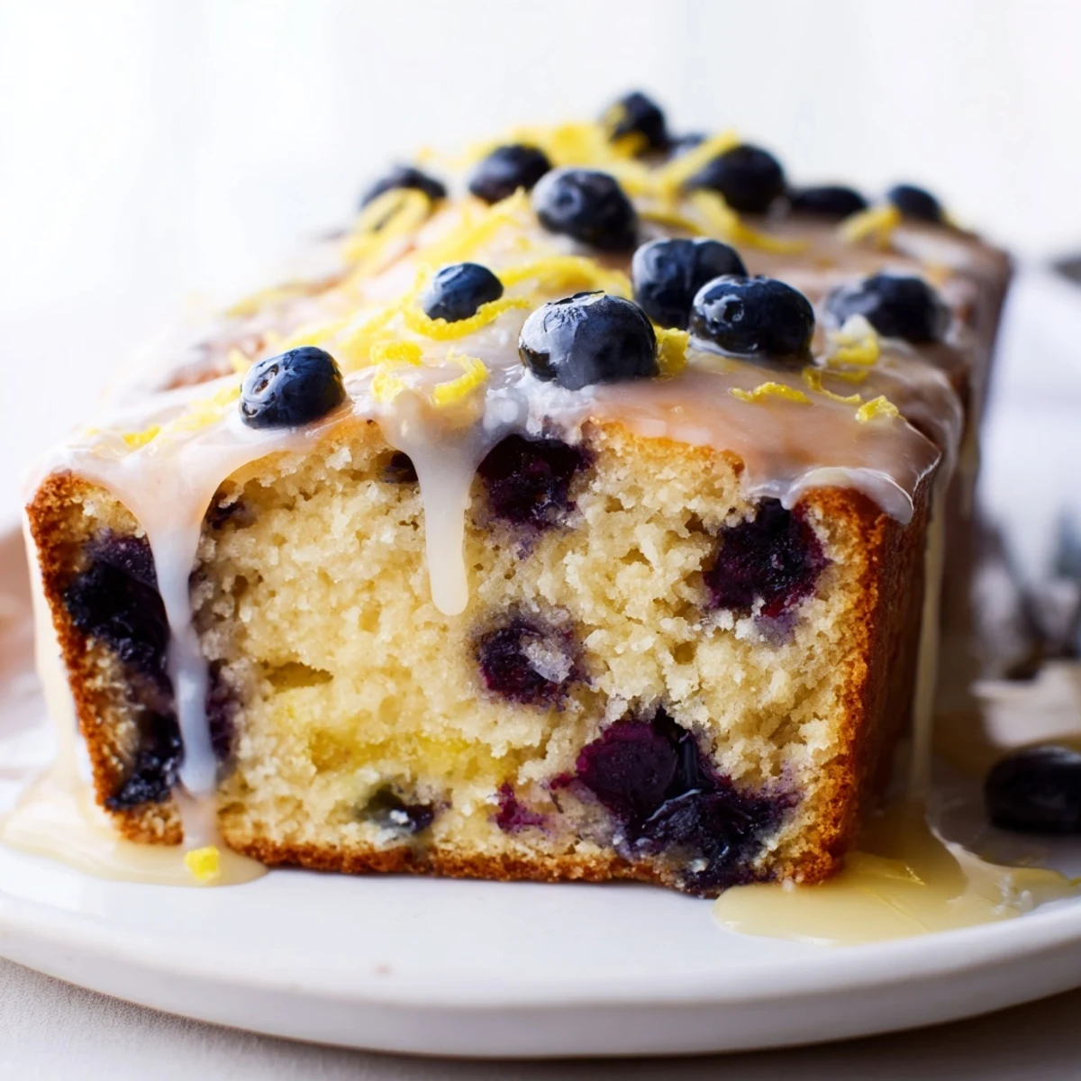 Overhead view of Lemon Blueberry Yogurt Loaf Cake with Glaze on a platter, ready for brunch or dessert.
