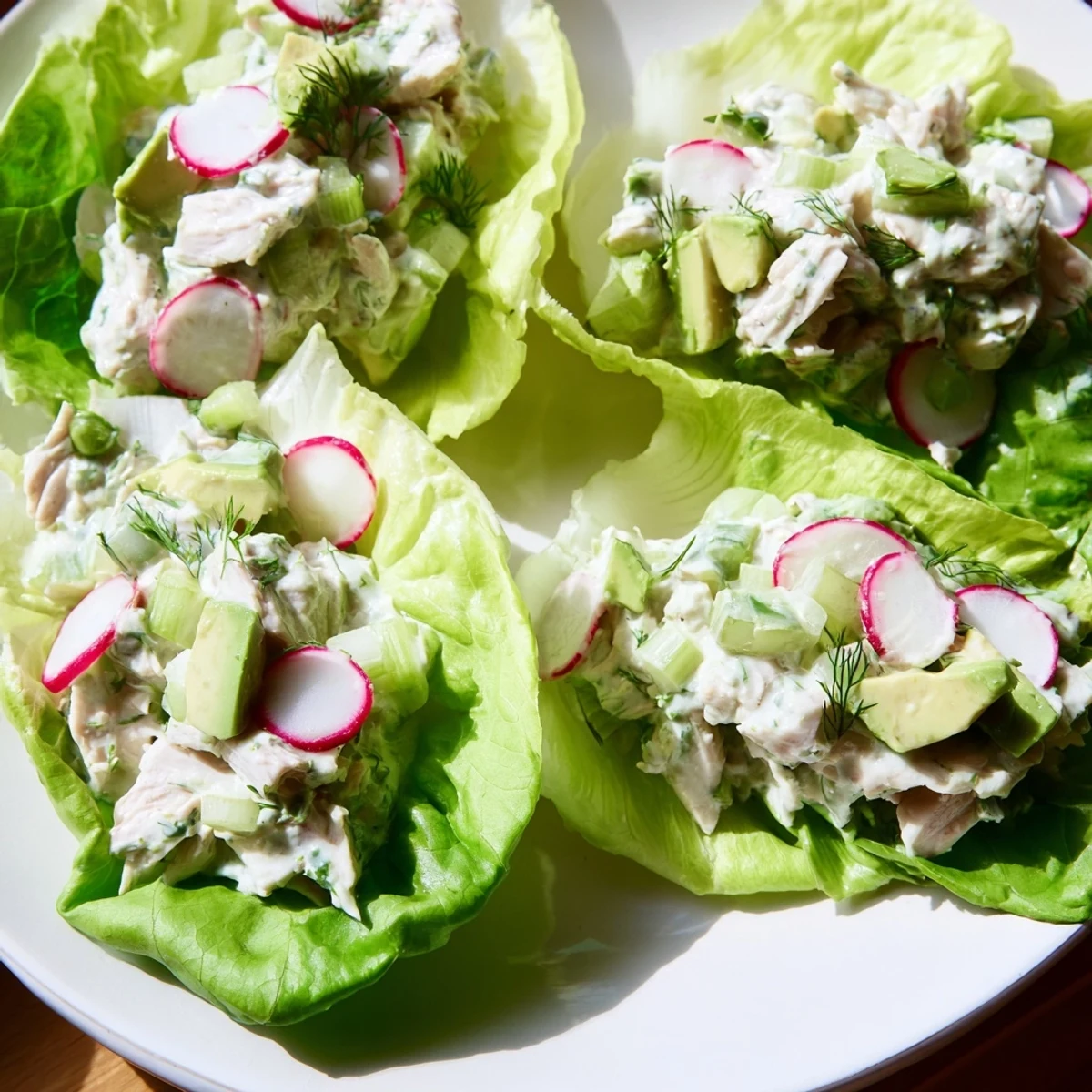 Crisp butter lettuce cups overflowing with tender chicken salad coated in creamy Green Goddess dressing.