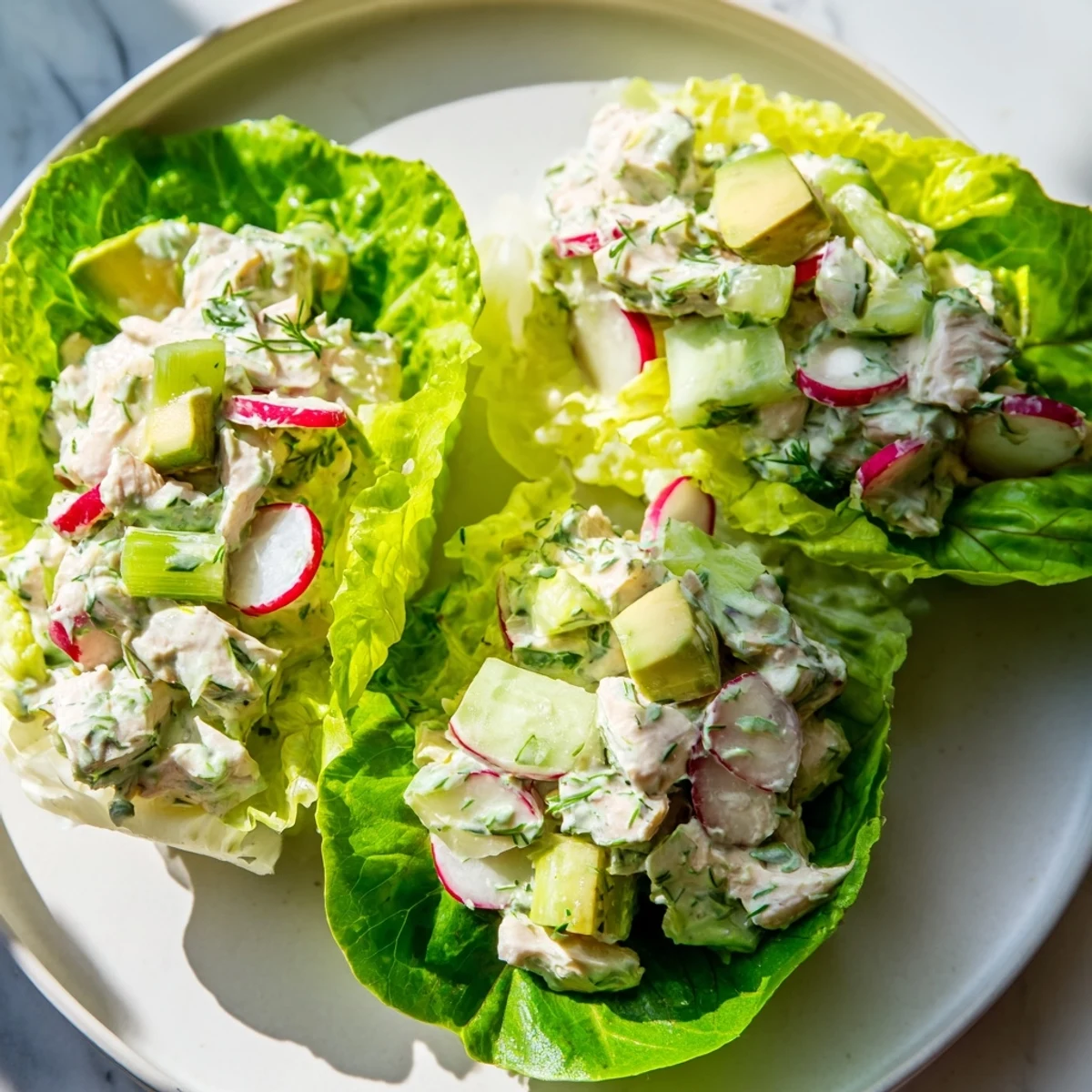 Vibrant platter of Green Goddess Chicken Salad Lettuce Wraps garnished with microgreens, ready for a healthy lunch.