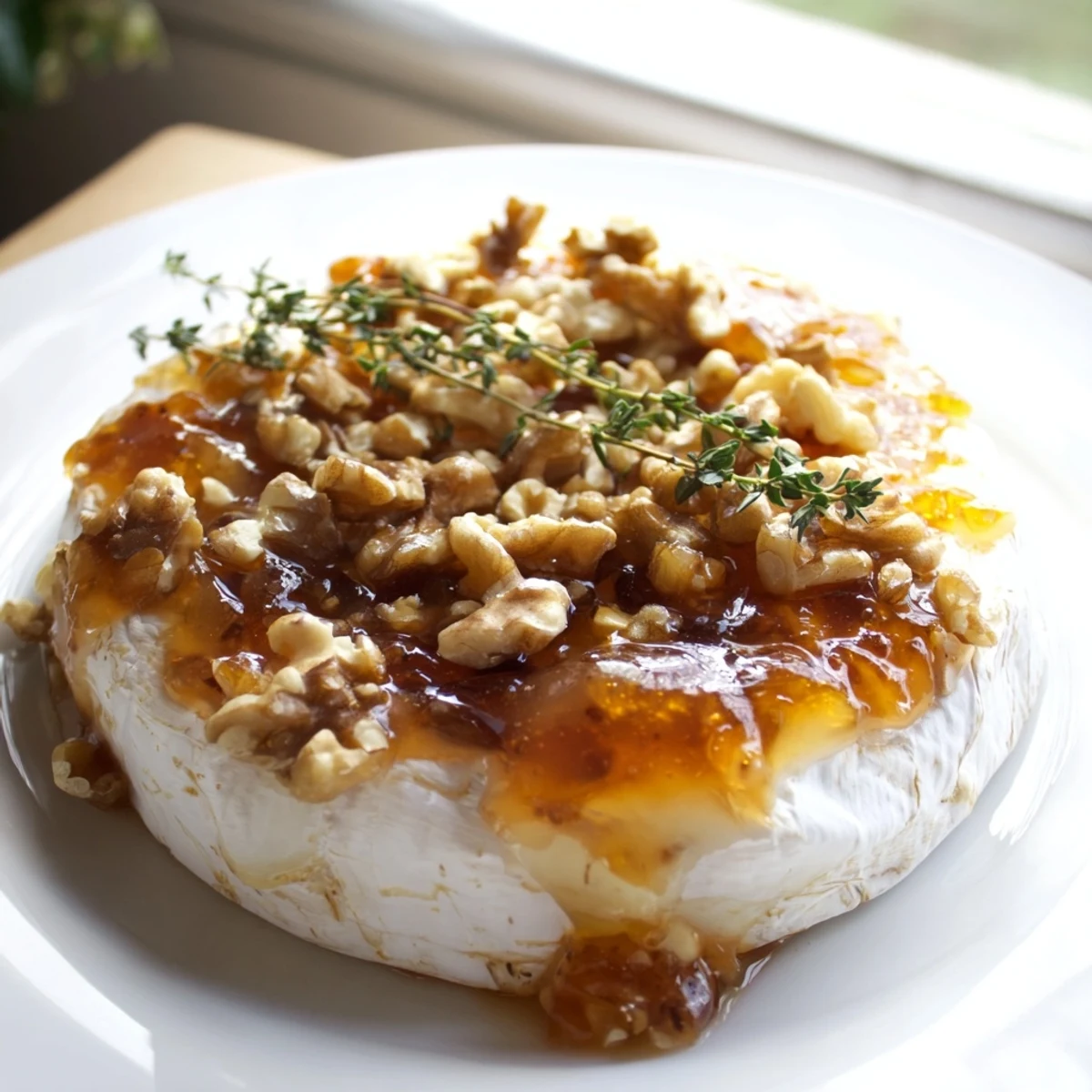 Creamy Baked Brie with Apricot Preserves and Walnuts served warm with sliced baguette for dipping.