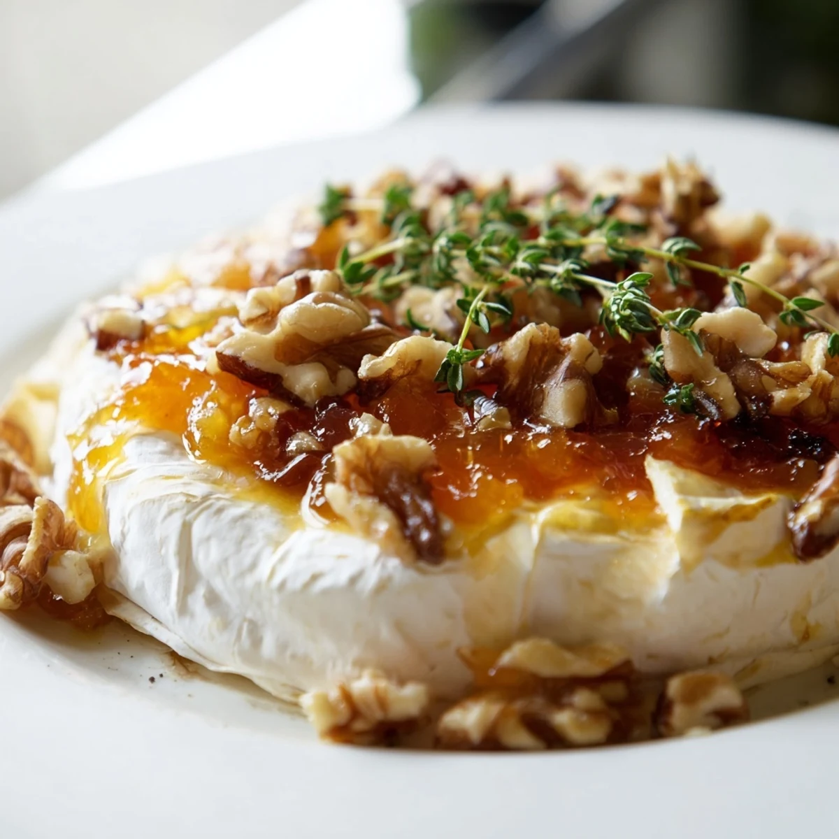 Golden Baked Brie with Apricot Preserves and Walnuts bubbling on a rustic wooden board.