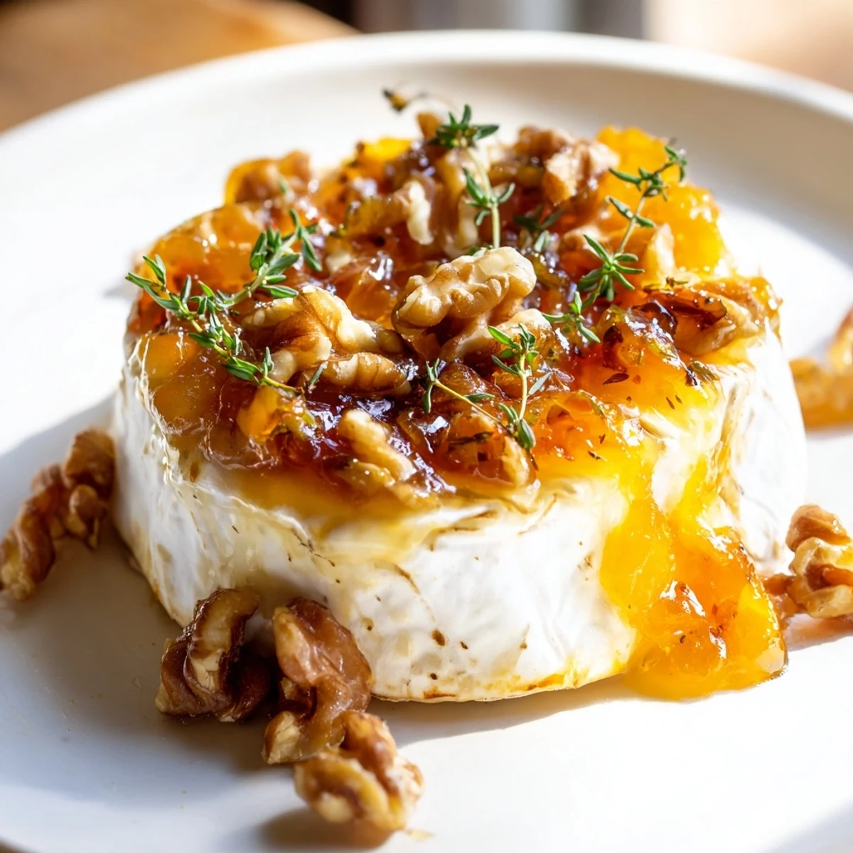 Savory Baked Brie with Apricot Preserves and Walnuts garnished with fresh thyme on a serving platter.