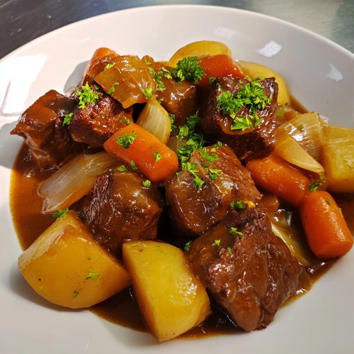 Steaming Irish Beef Stew with tender beef and root vegetables in a rich brown gravy in a rustic pot.