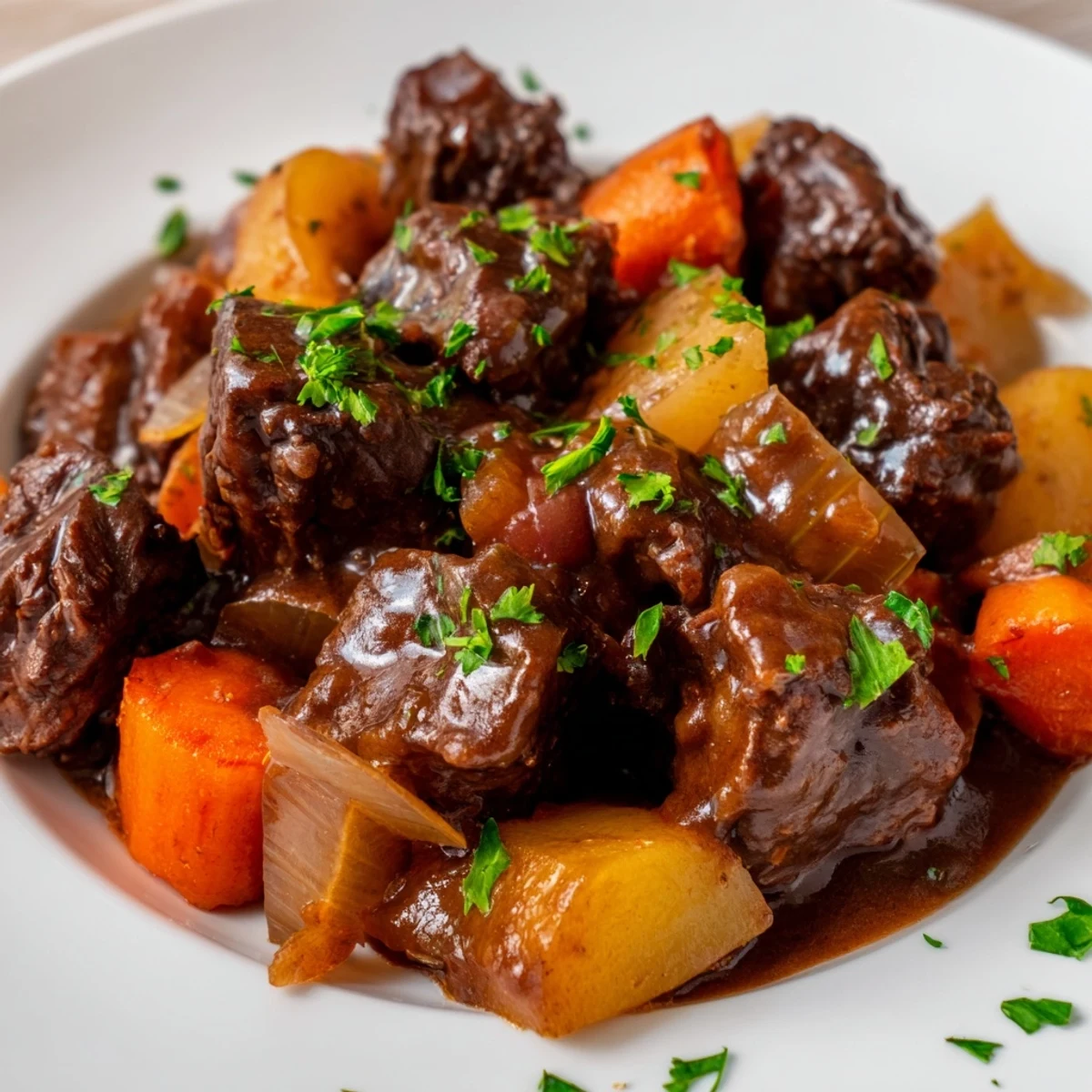 Cozy bowl of Irish Beef Stew served with crusty bread, showing chunky carrots potatoes in a glossy gravy.