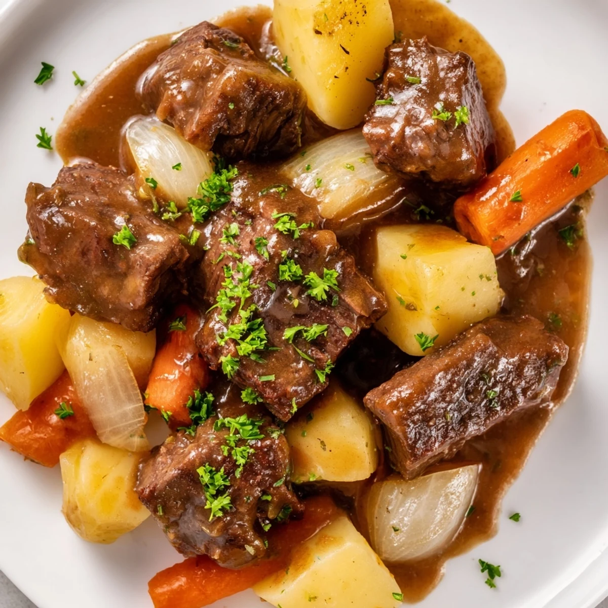 Close up of Irish Beef Stew with fork tender beef and savory brown gravy garnished with fresh parsley.