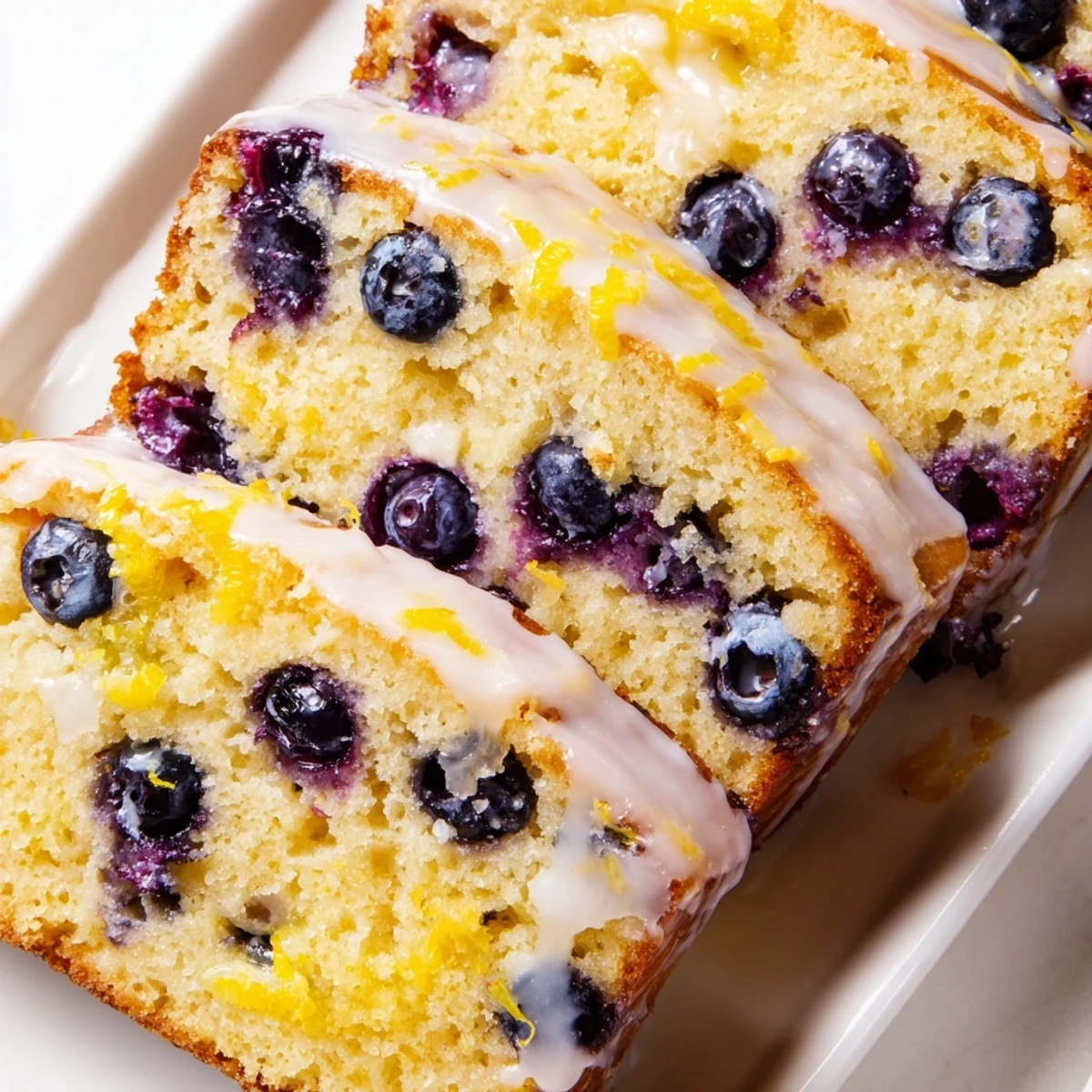 Freshly baked Lemon Blueberry Yogurt Loaf Cake with a sweet citrus glaze drizzled over golden crumb.