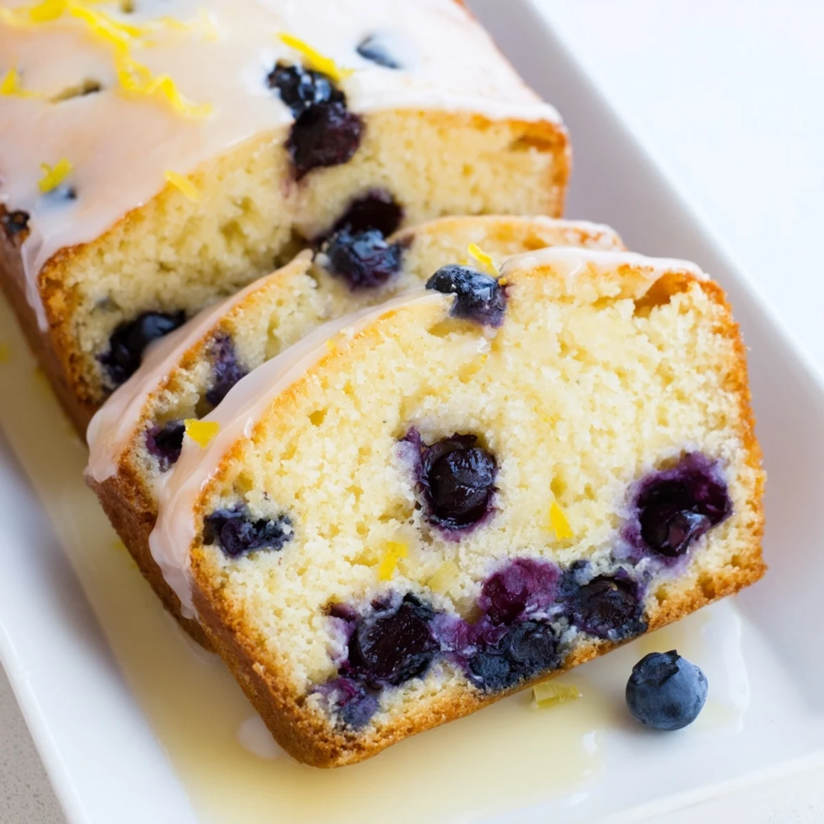 Close-up of Lemon Blueberry Yogurt Loaf Cake showing juicy blueberries and glistening lemon glaze topping.
